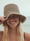 Straw bucket hat chocolate brown natural stripe, UK version