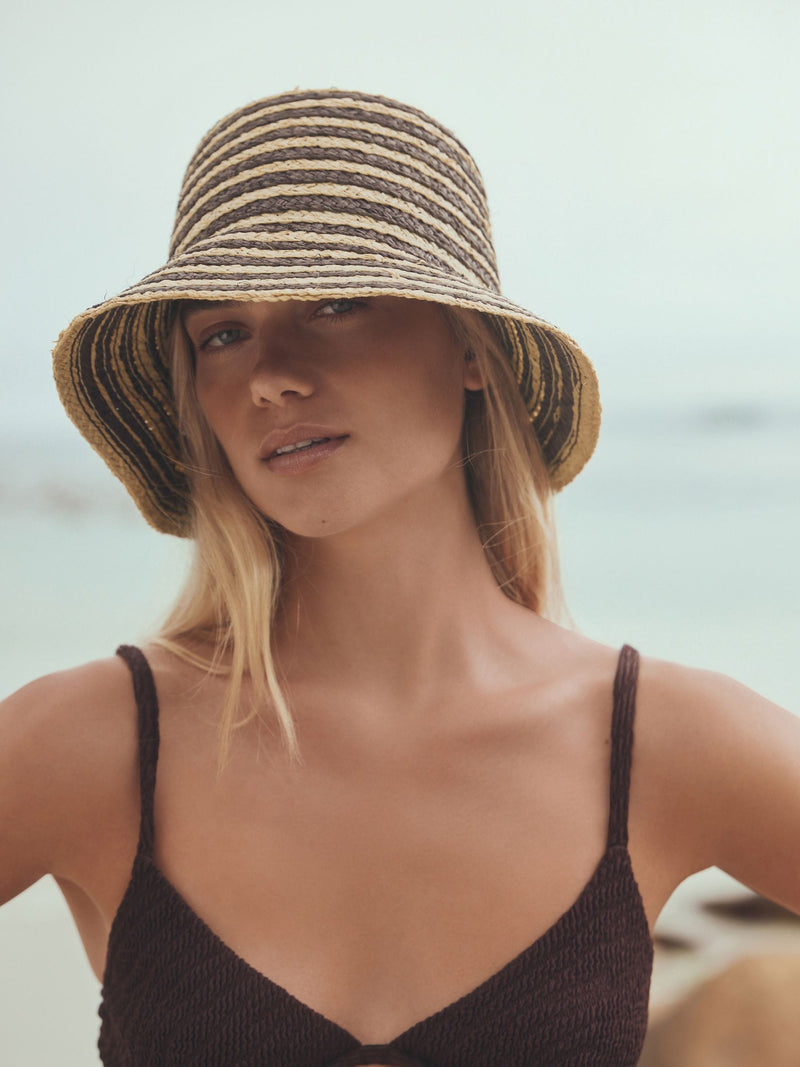 Straw bucket hat chocolate brown natural stripe, UK version