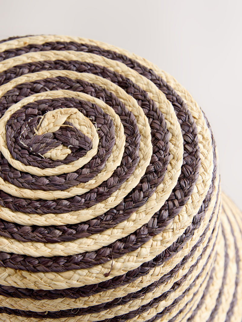 Straw bucket hat chocolate brown natural stripe, UK version