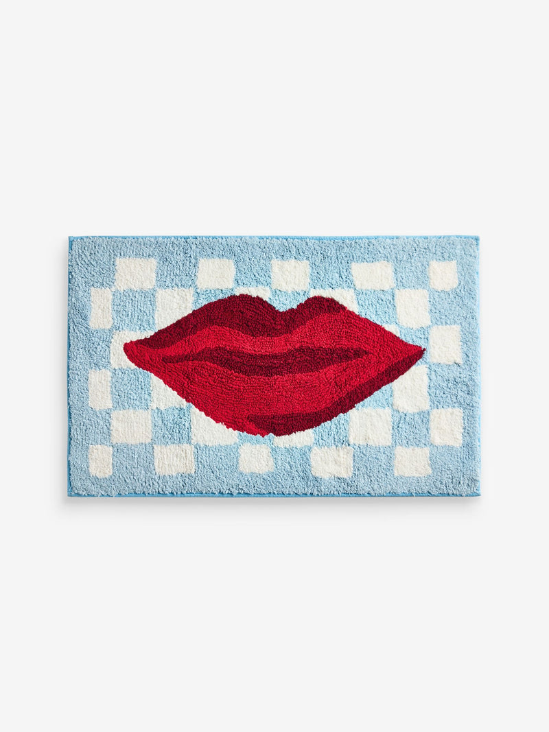 Eleanor Bowmer blue checkerboard lips bath mat 50x80cm, UK version