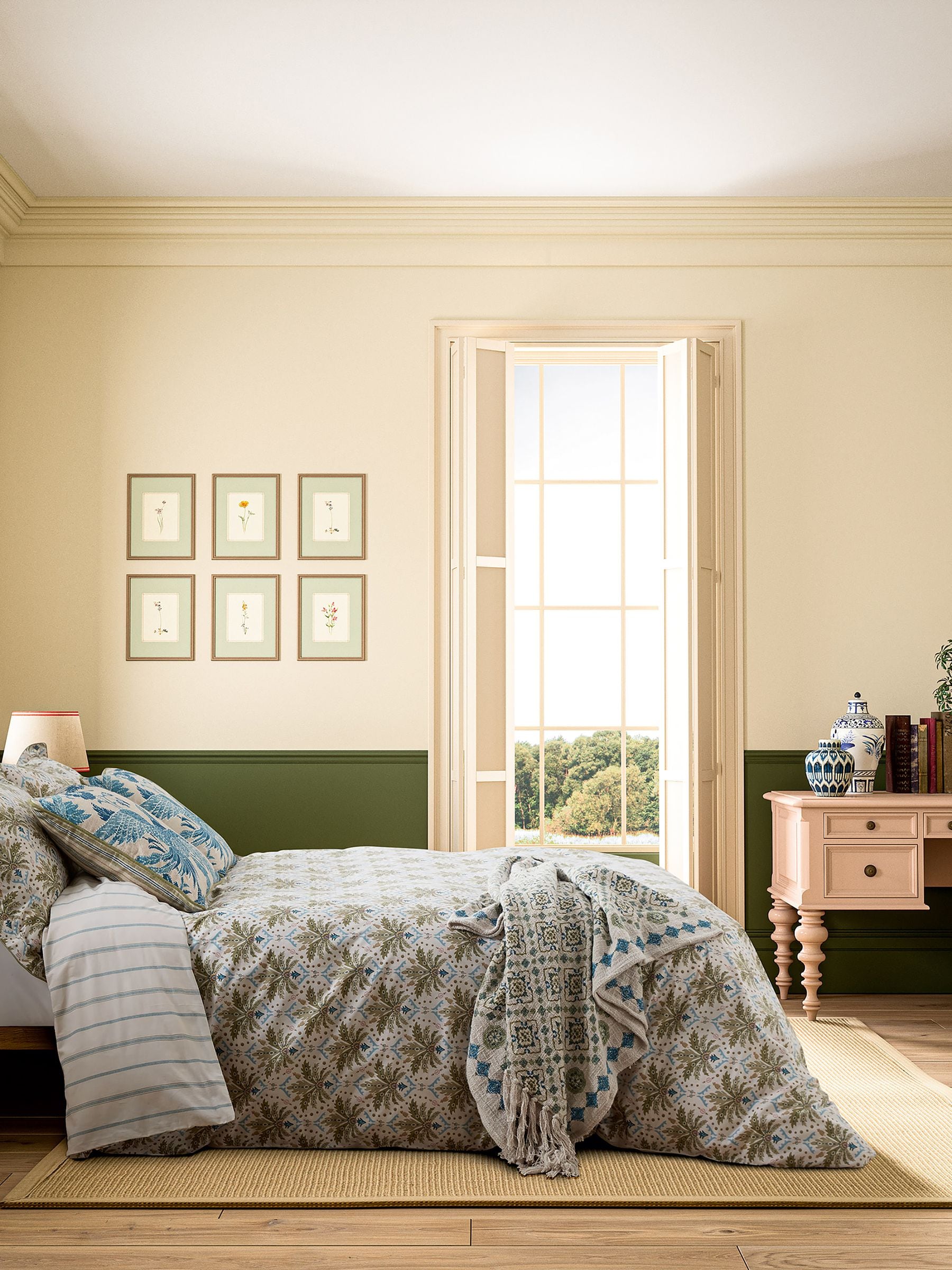 Joules Cream Multi Palm Geo duvet cover and pillowcase set, UK version