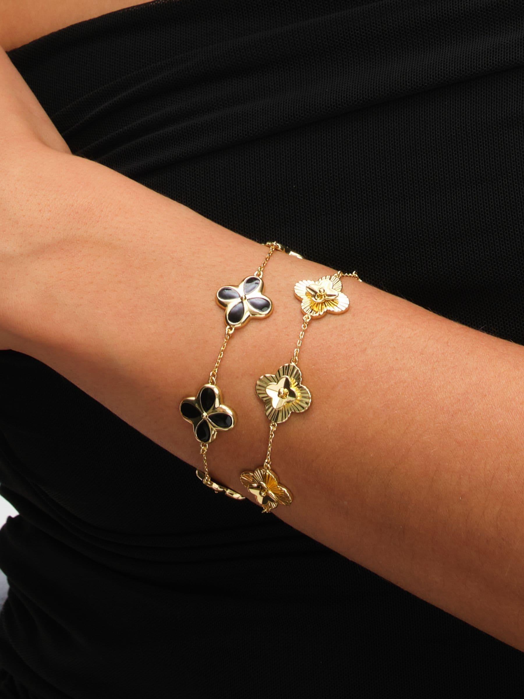Inicio Gold Tone Jet Enamel Clover Bracelet, UK version