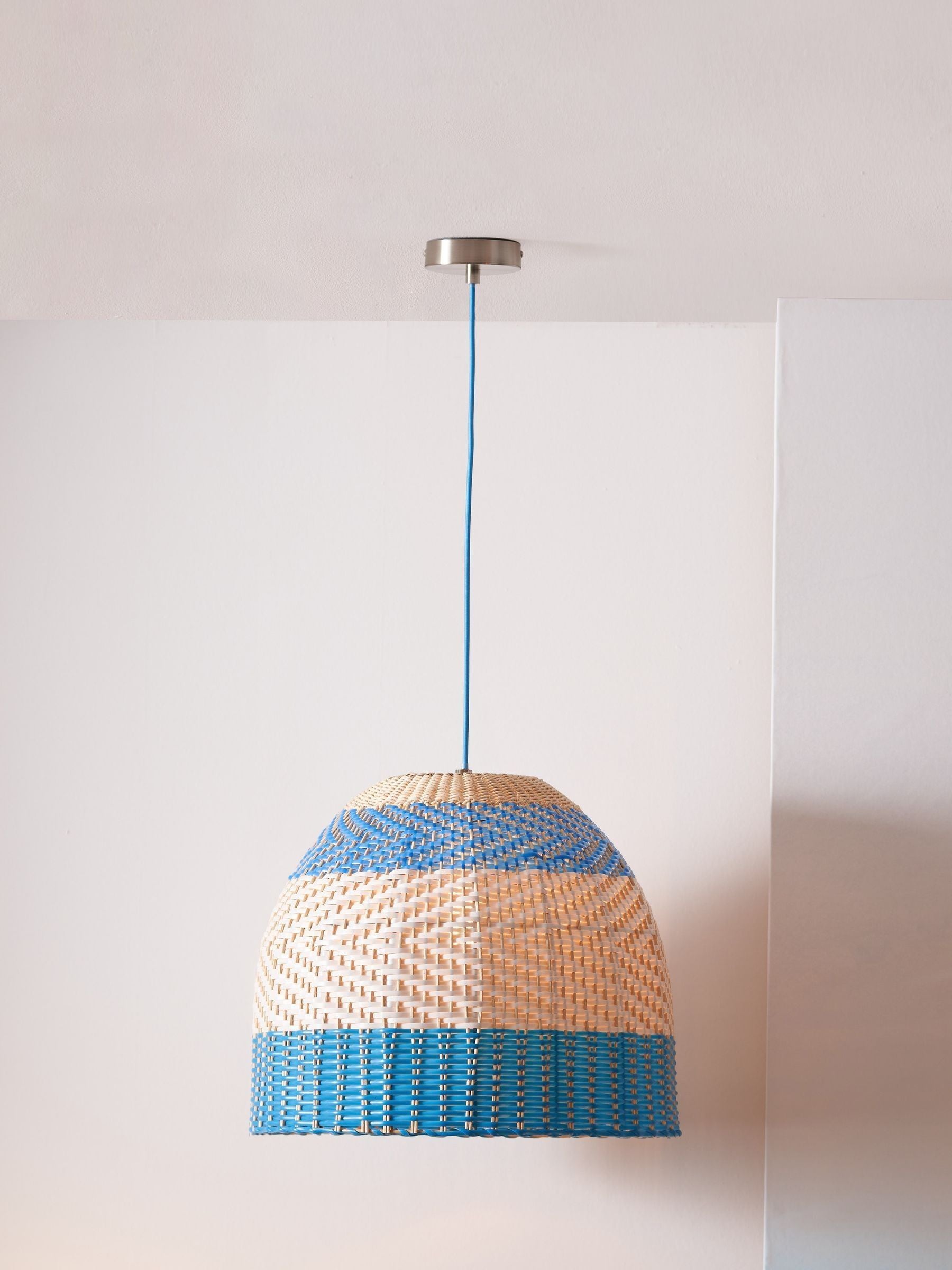 Designers Guild cobalt brera rattan ceiling pendant, imported from the UK