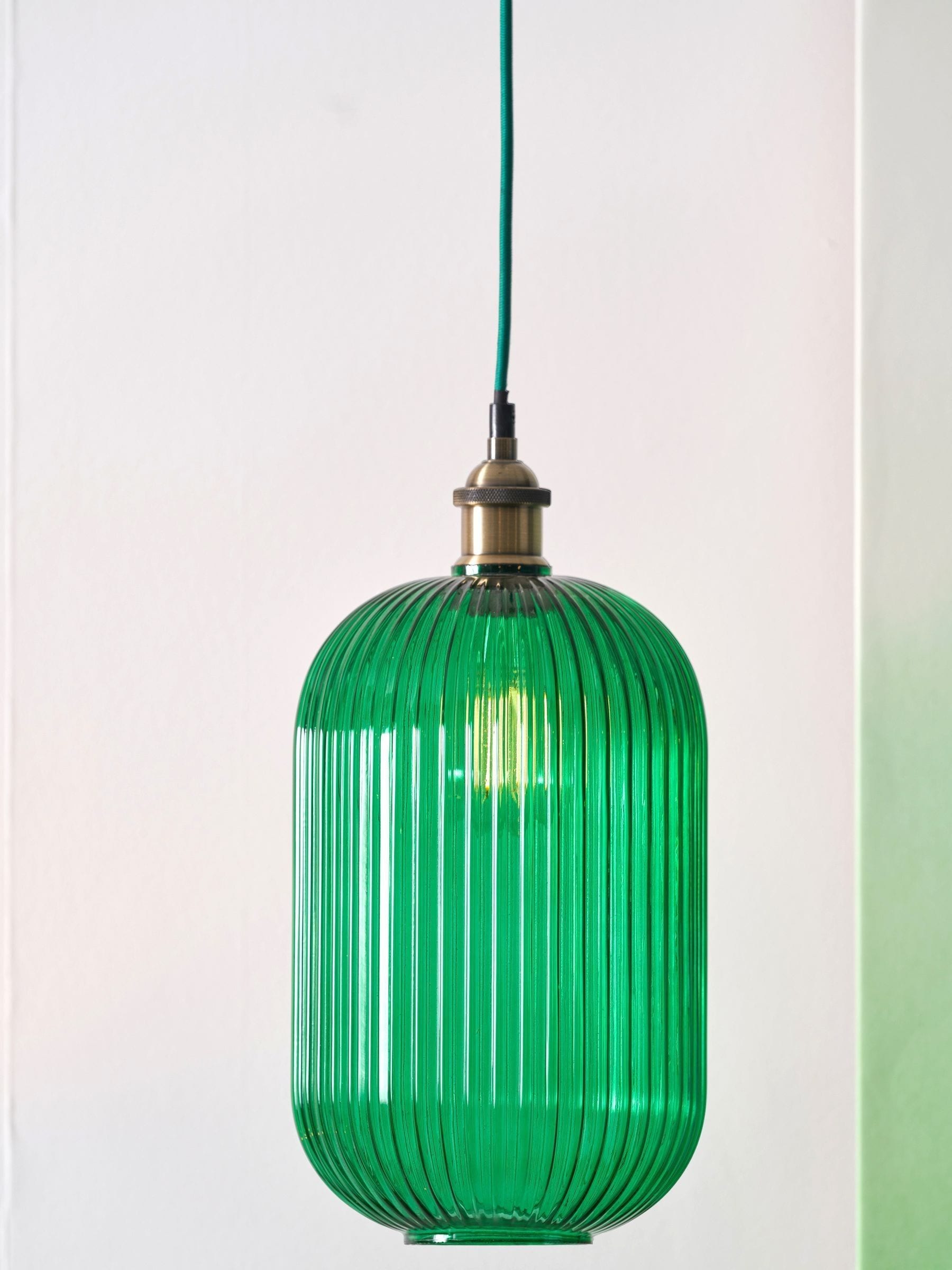Designers Guild emerald ribbed glass ceiling pendant, imported from the UK