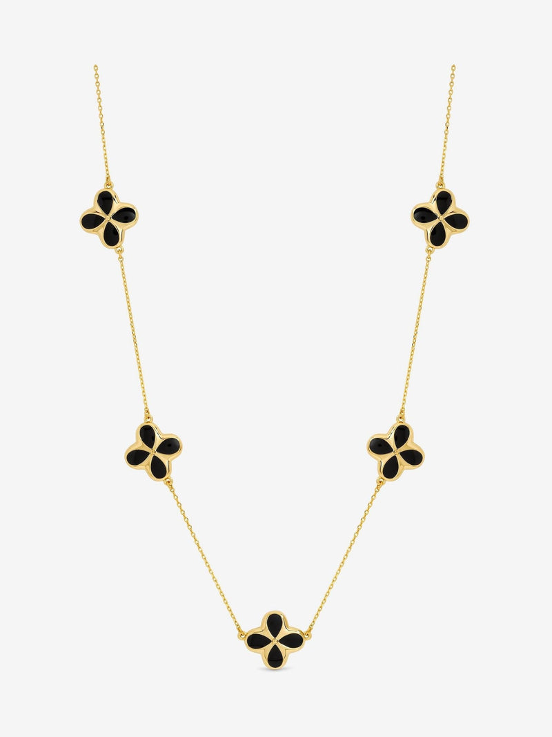 14K Gold Plated Jet Enamel Clover Pendant Necklace 18 Inch