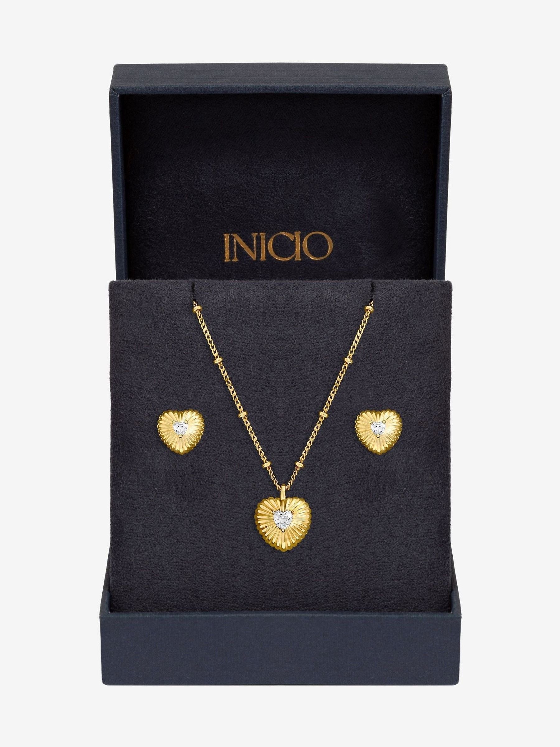 Inicio gold tone cubic zirconia ridged heart jewelry set, UK version
