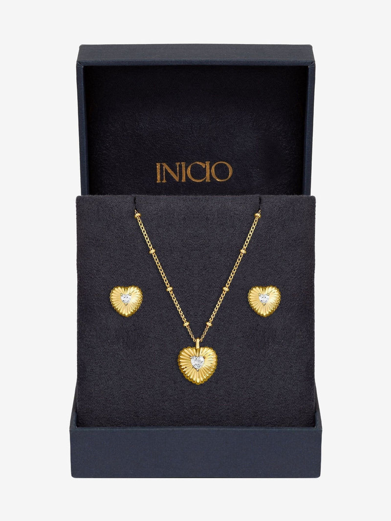 Inicio gold tone cubic zirconia ridged heart jewelry set, UK version