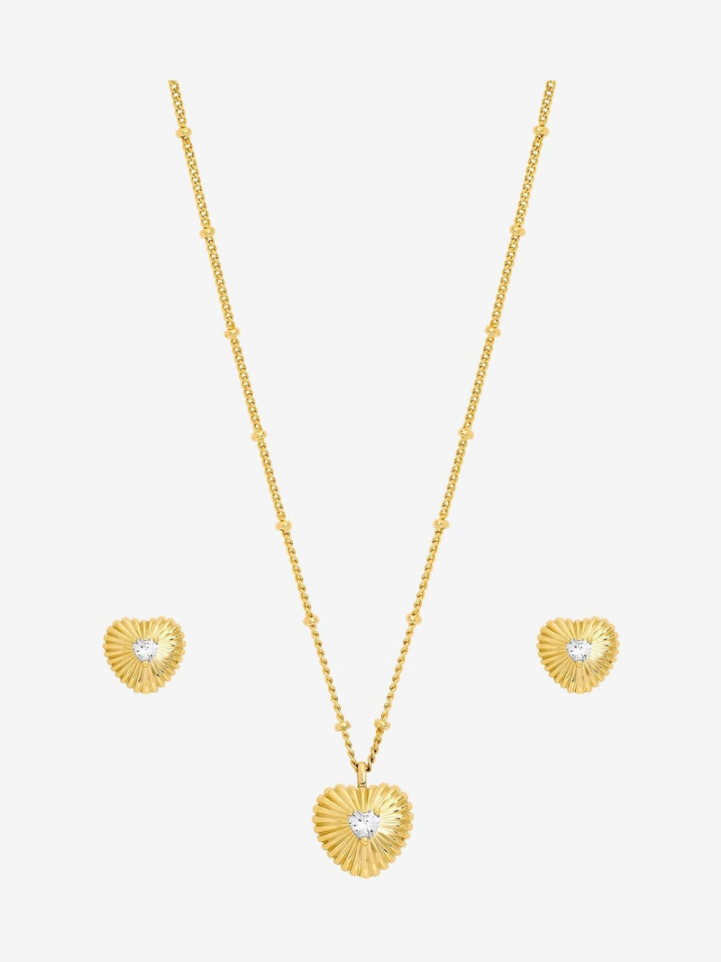 Inicio gold tone cubic zirconia ridged heart jewelry set, UK version