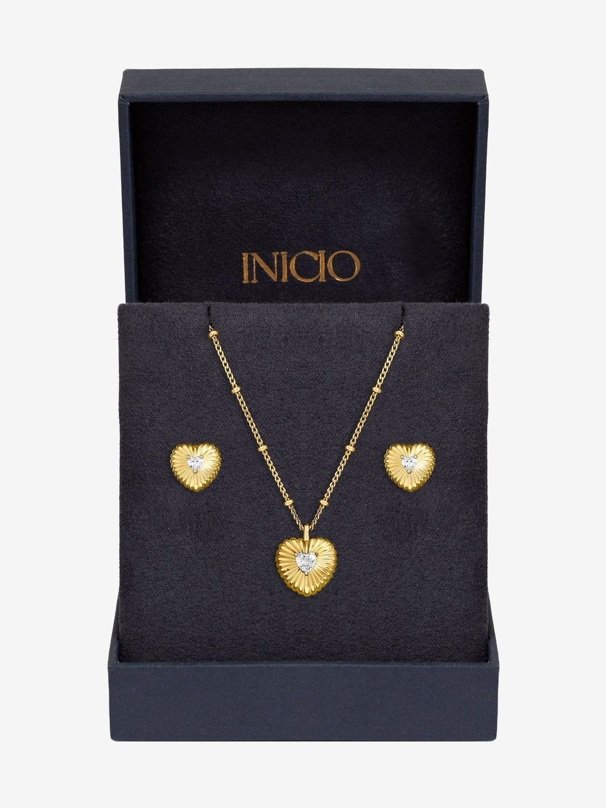 Inicio gold tone cubic zirconia ridged heart jewelry set, UK version