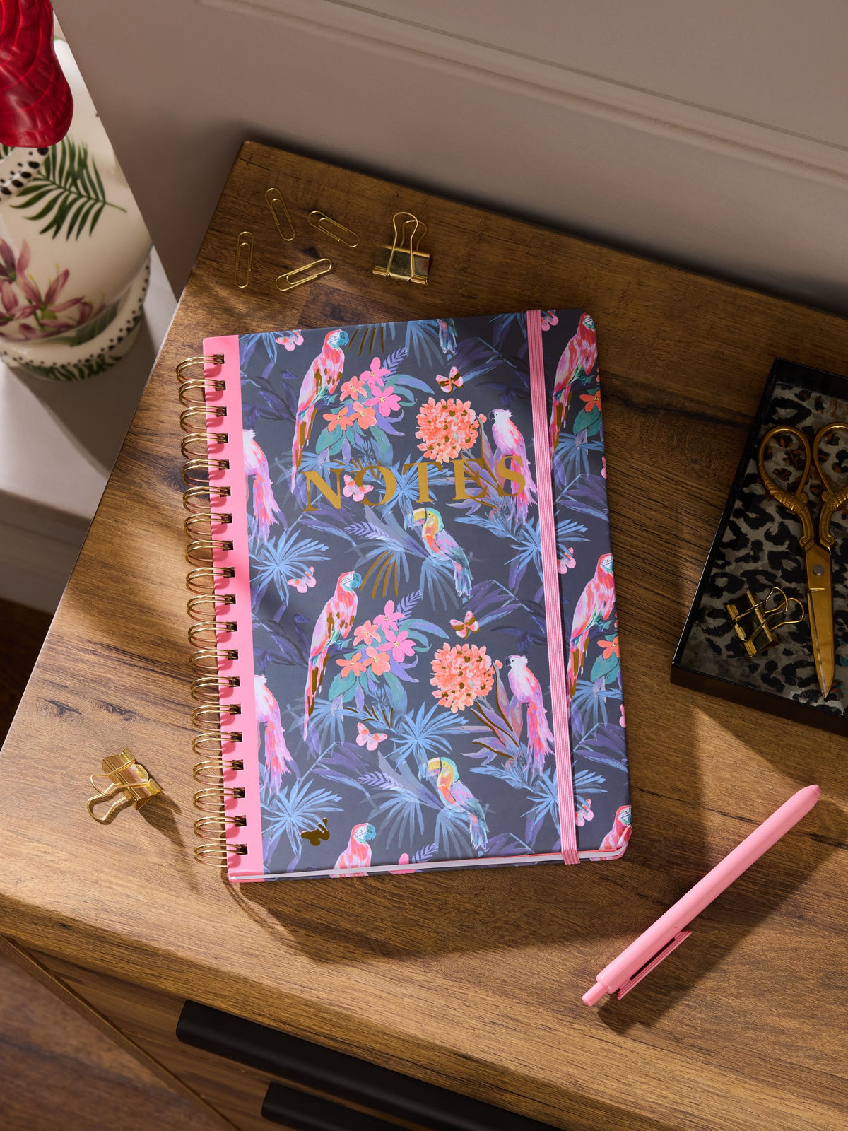 Tropical print B5 notebook in pink and navy, UK version