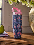 Pink/Navy Tropical Print 900ml Water Bottle with Straw