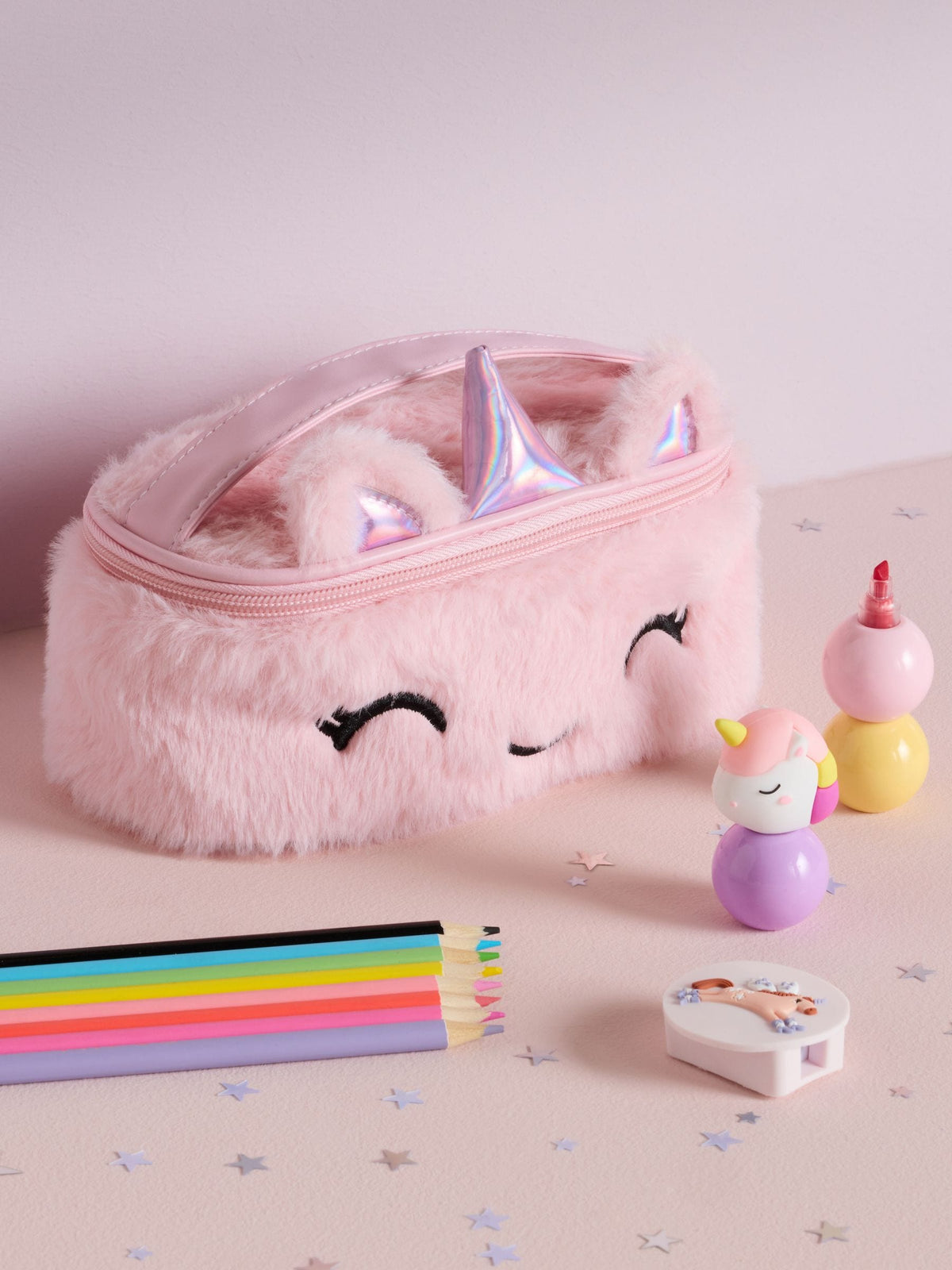 Soft fluffy unicorn pencil case with highlighter set - British product