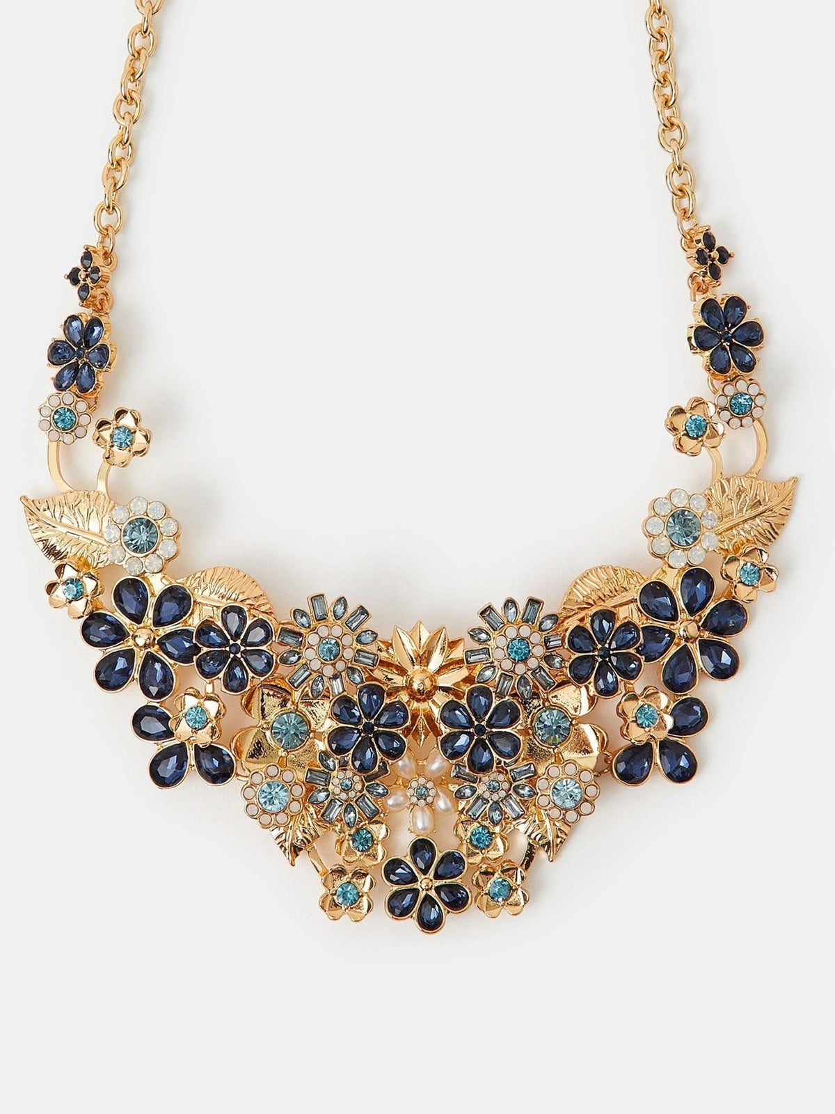 Blue Gem and Floral Statement Necklace with Lobster Clasp and Extender