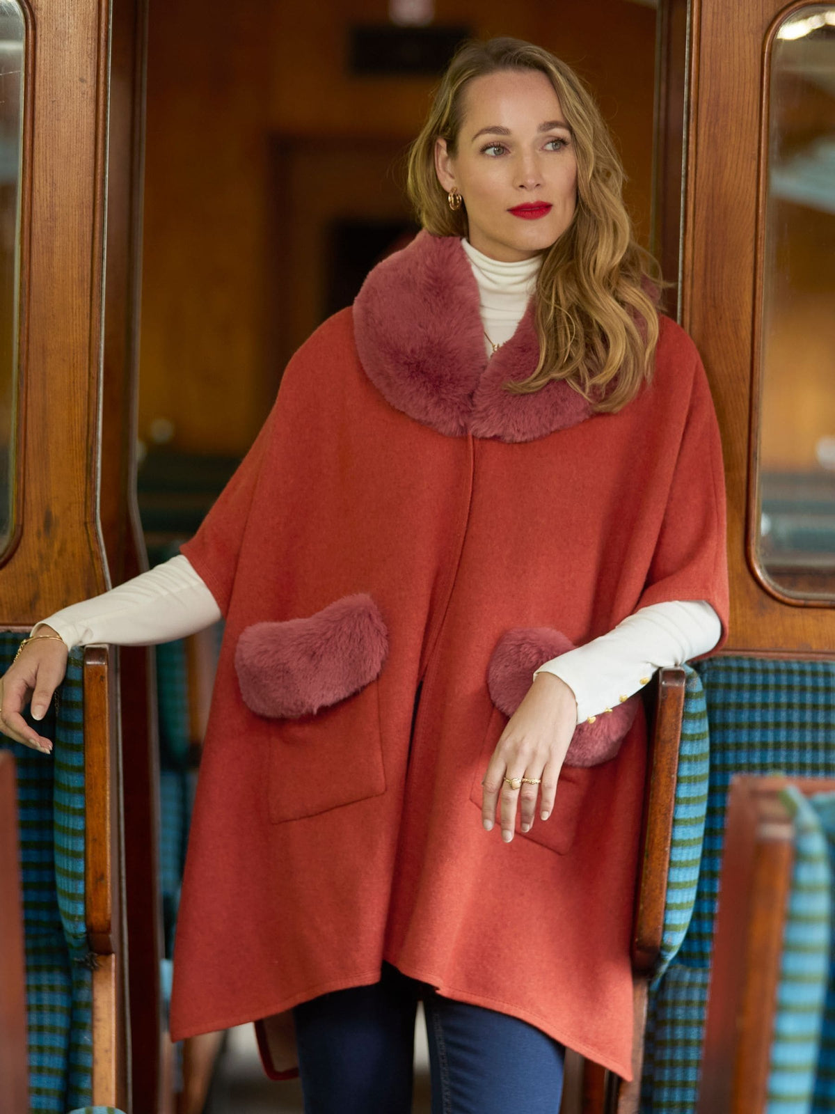 Joe Browns orange boho fur-collar wrap cover-up (British brand)