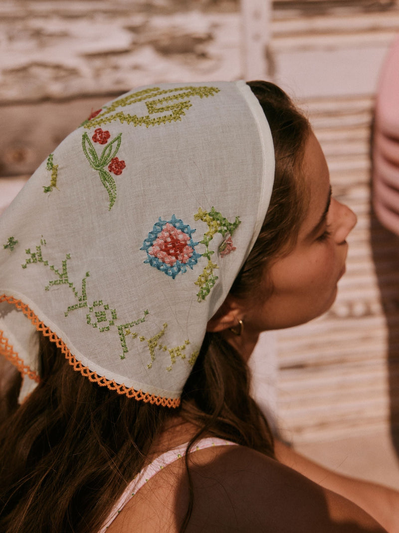 Cream floral triangle headscarf with cross-stitch detail, UK version
