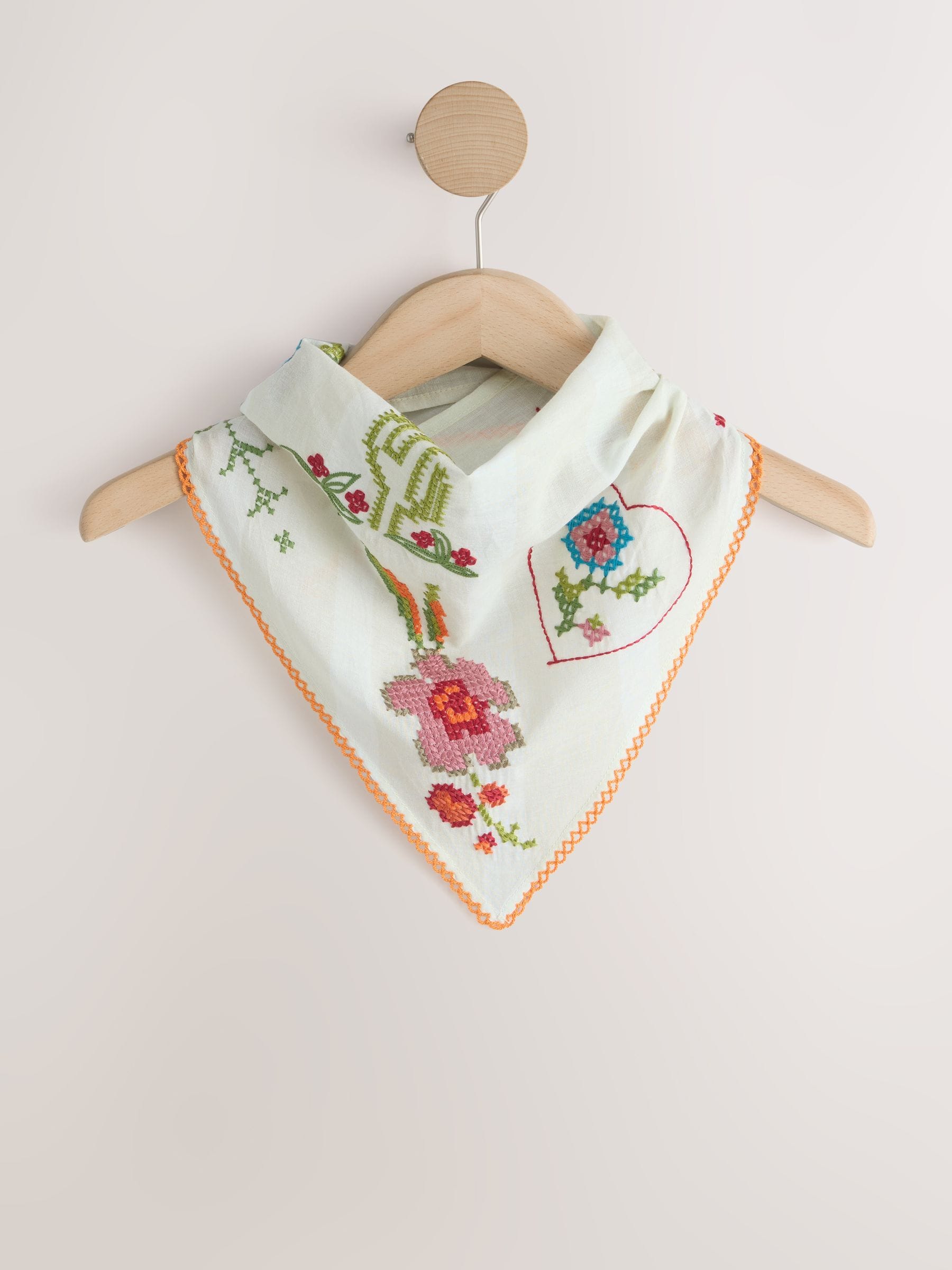 Cream floral triangle headscarf with cross-stitch detail, UK version