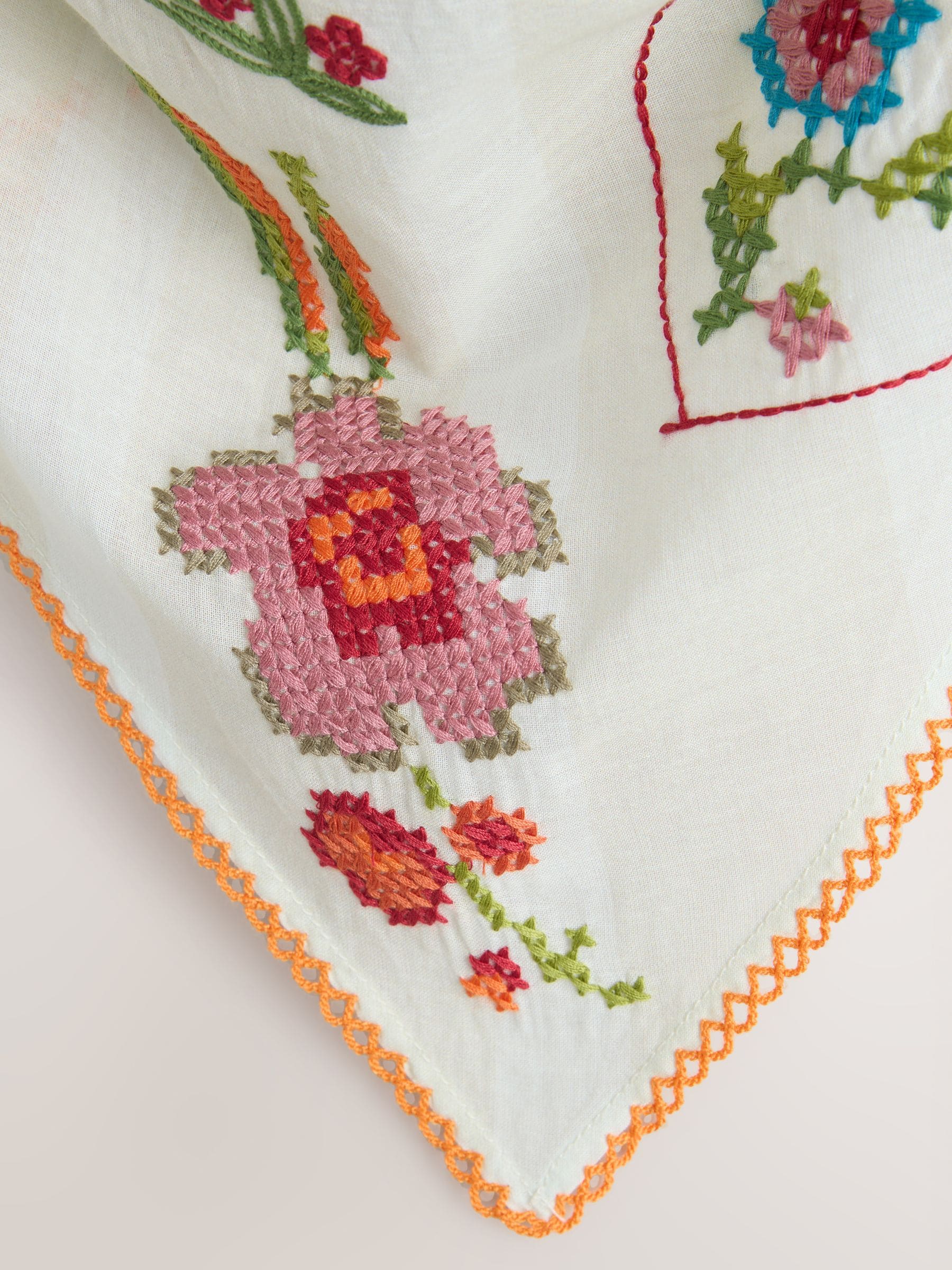Cream floral triangle headscarf with cross-stitch detail, UK version
