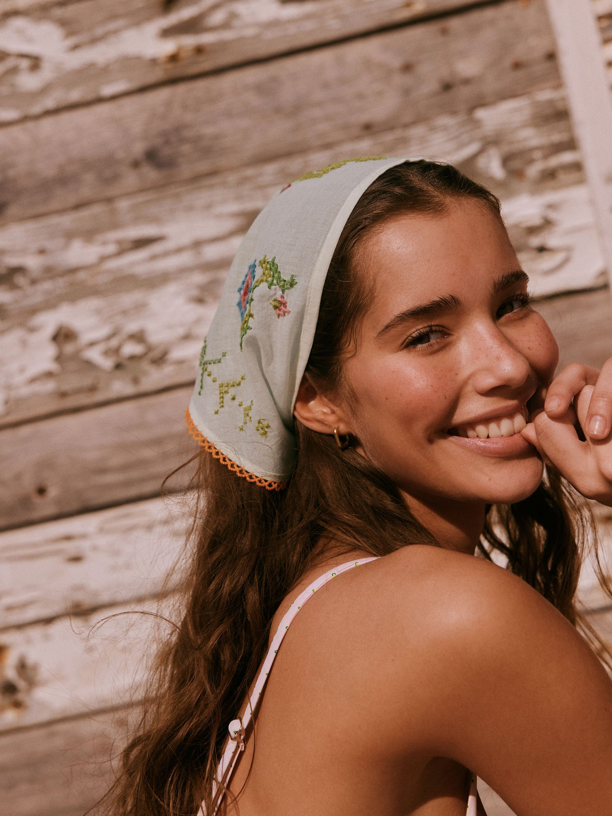 Cream floral triangle headscarf with cross-stitch detail, UK version