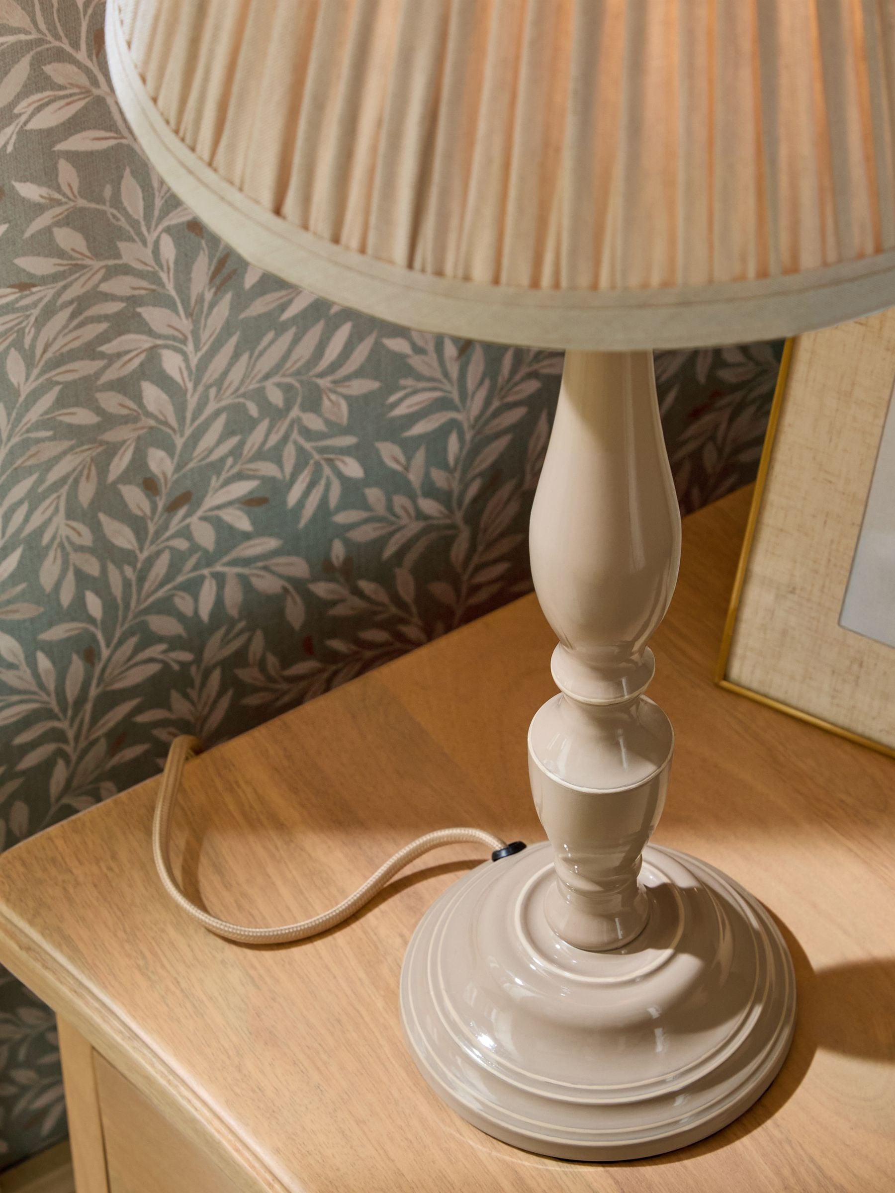 Grey Ashbury table lamp with beige base and pleated ivory shade, UK version