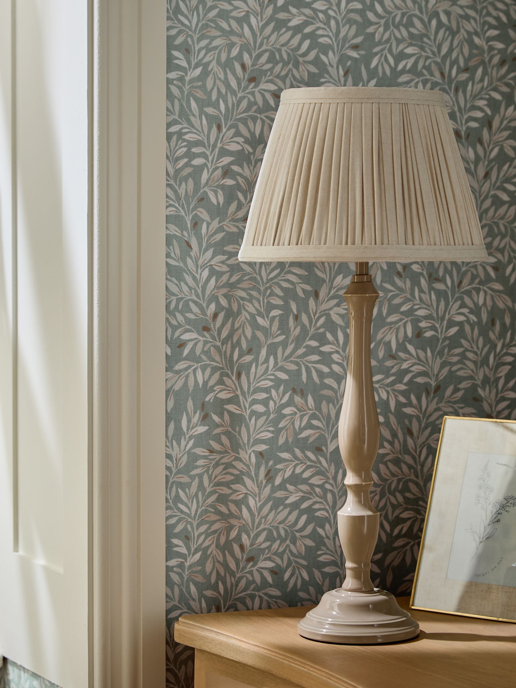 Grey Ashbury table lamp with beige base and pleated ivory shade, UK version