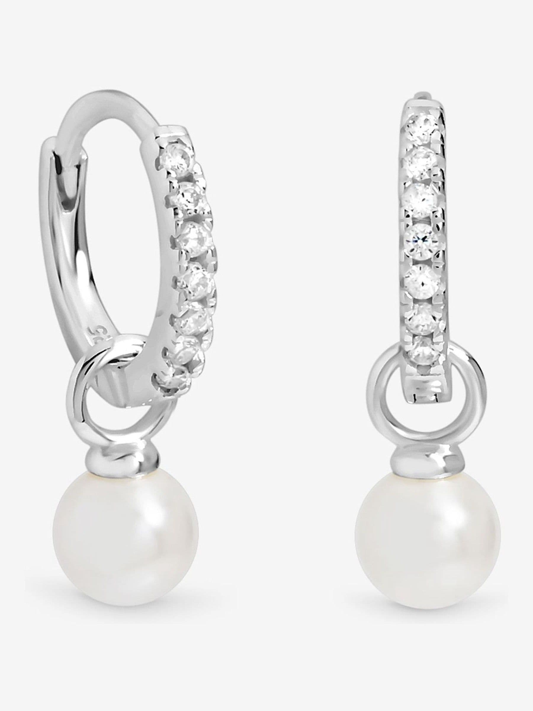 Sterling Silver Cubic Zirconia Pave Pearl Hoop Earrings 18mm