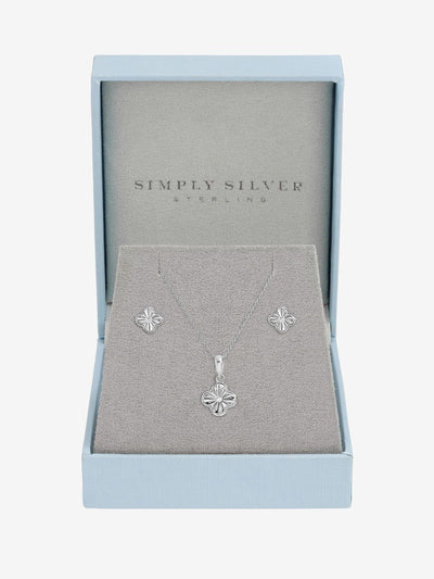 Simply Silver 925 Sterling-Silber Poliertes Diamantschliff Kleeblatt Set Geschenkbox