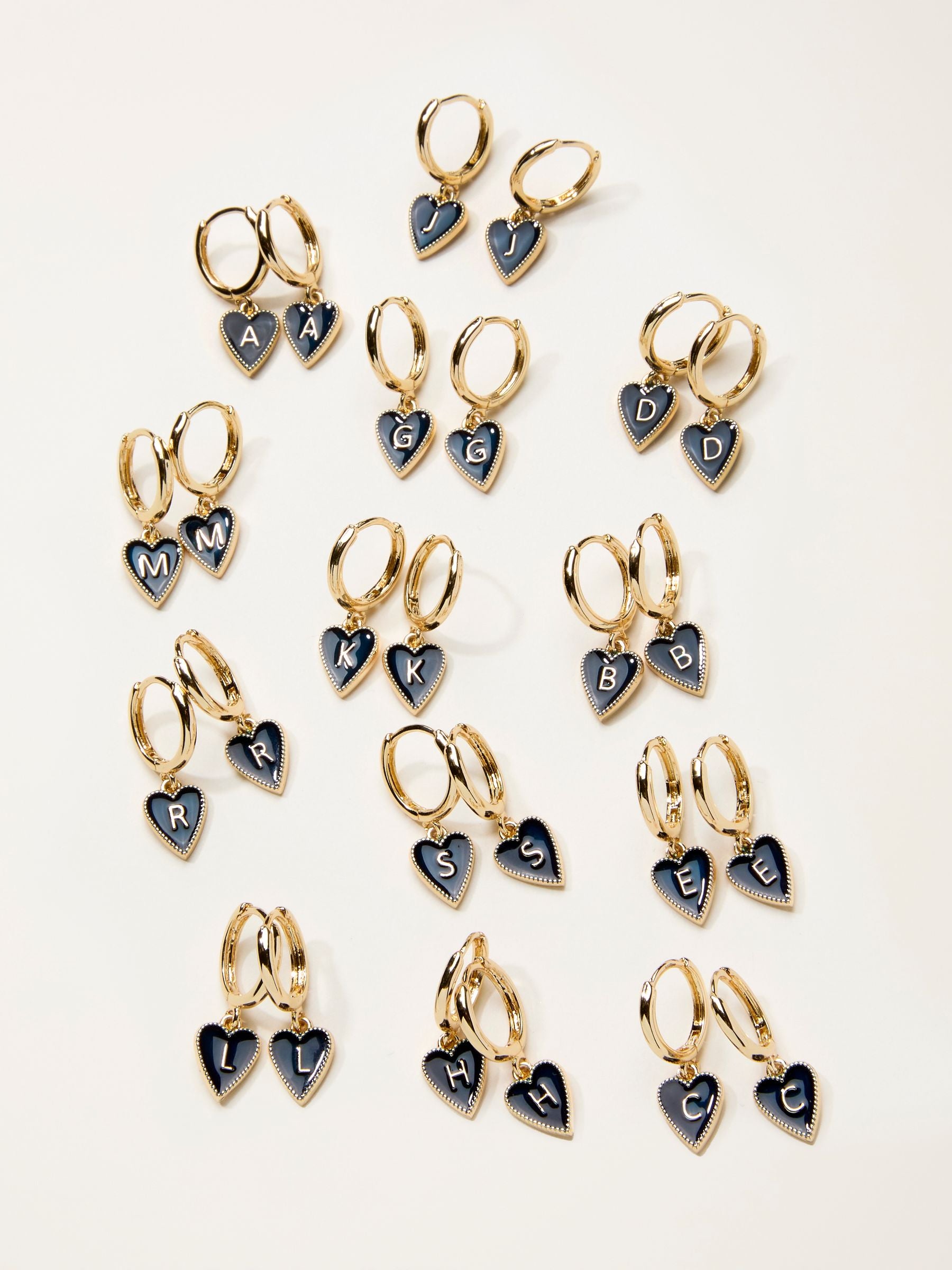 FatFace Navy alphabet heart earrings, brass and zinc alloy, UK version