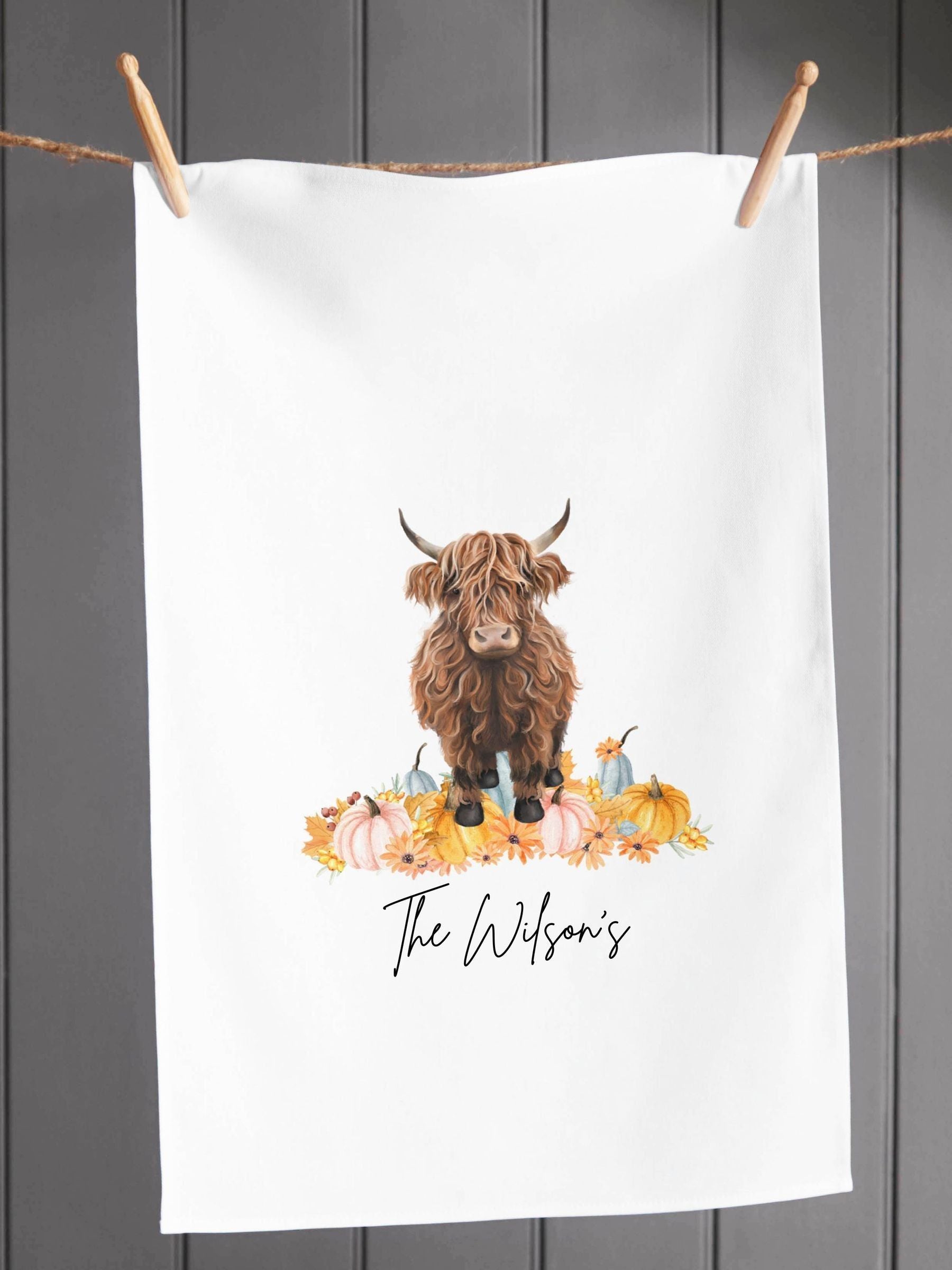 Personalised Halloween Highland Cow Tea Towel by Koko Blossom