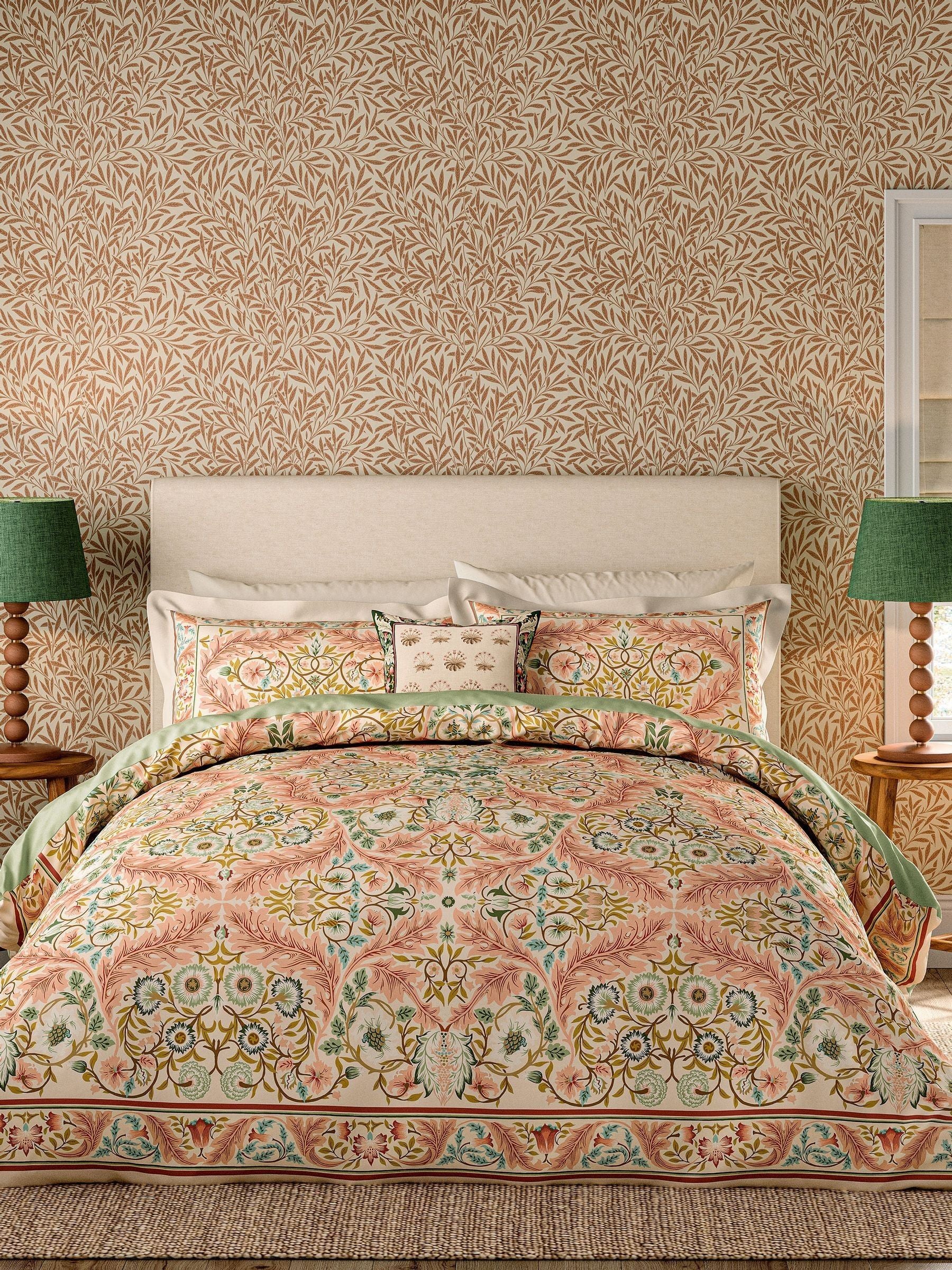 Morris & Co Earthly Paradise Rose Pale Olive duvet set, imported from the UK