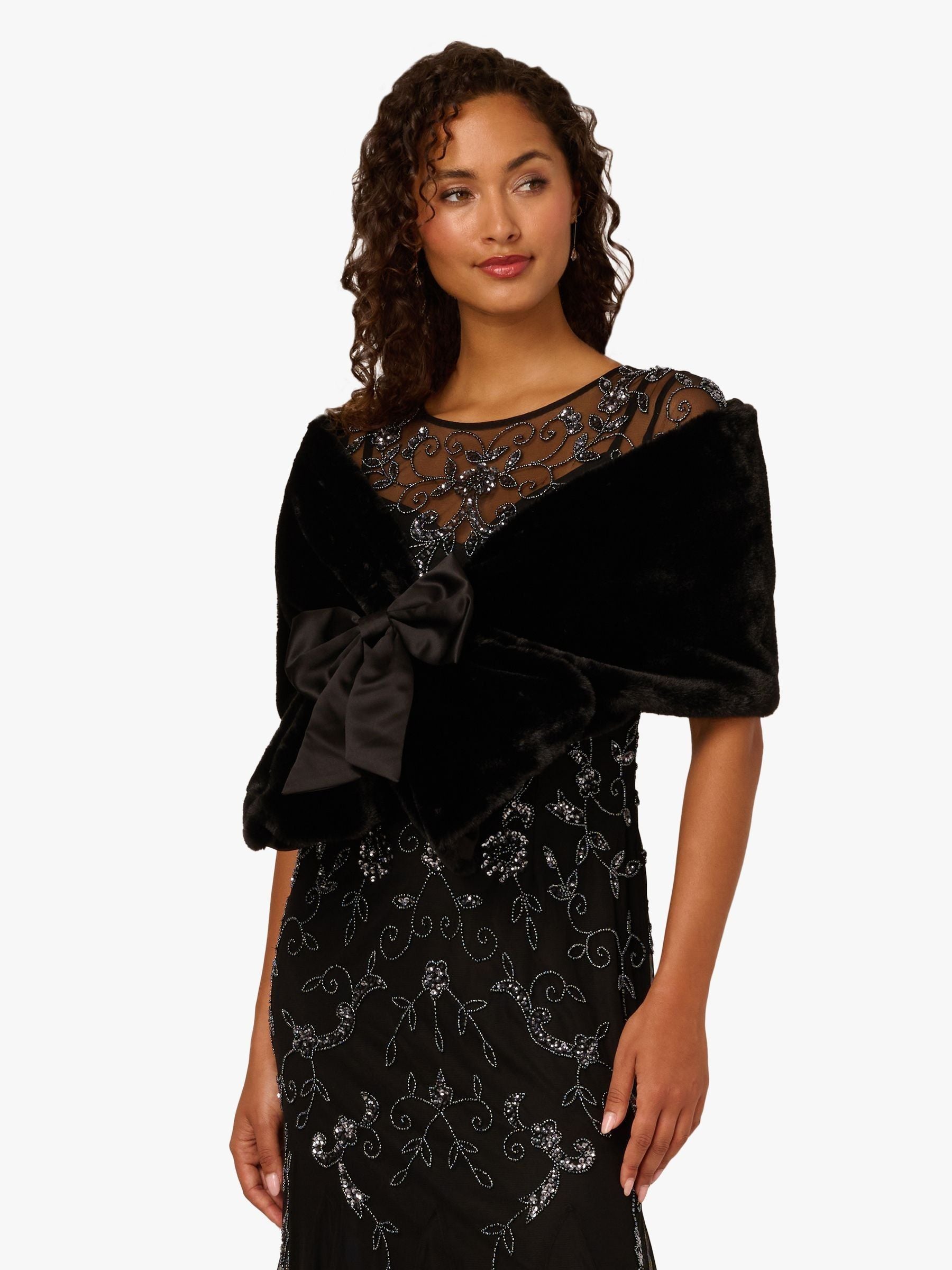 Adrianna Papell black faux fur bow cover-up (British brand)