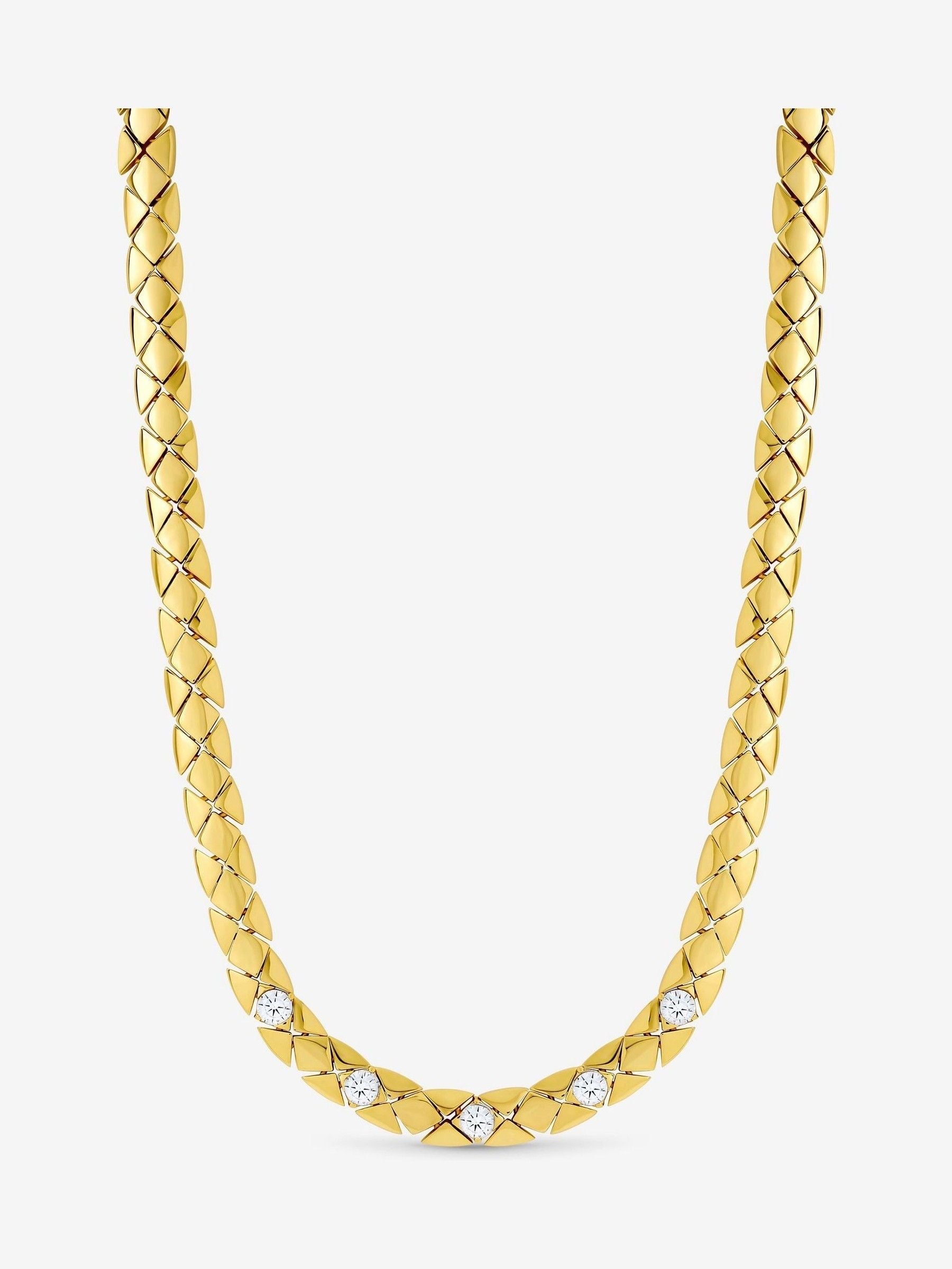 Gold Plated Crystal Flat Chain Necklace with Link Clasp, 432mm Length