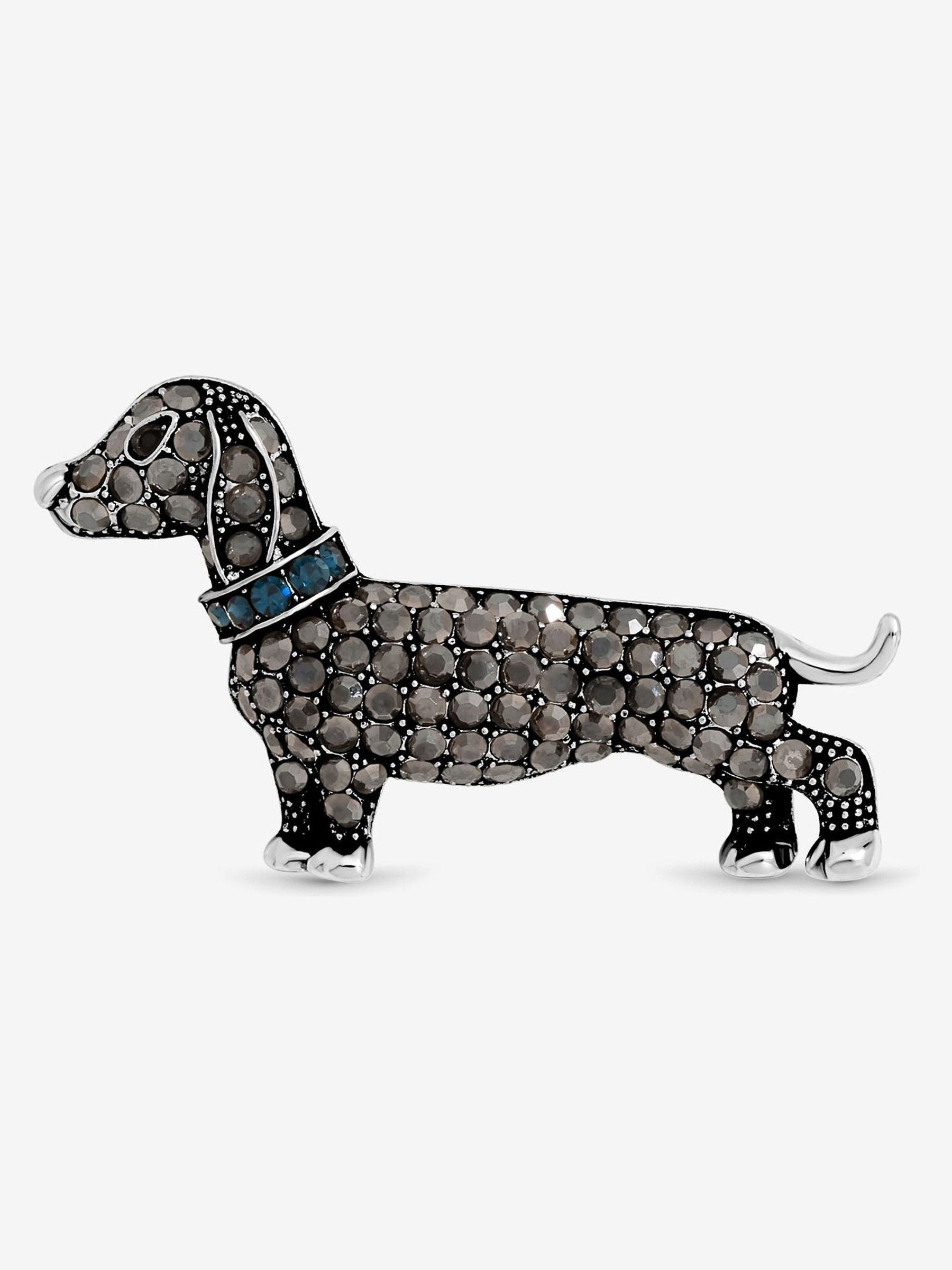 Silver Plated Sausage Dog Brooch with Jet Stones, 45mm Width in Gift Box