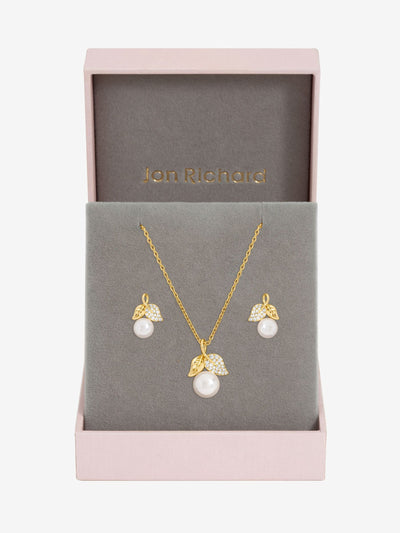 Next Jon Richard Rhodium Plated Cubic Zirconia Pearl and Leaf Necklace Set 18- Buy online at McGrocer