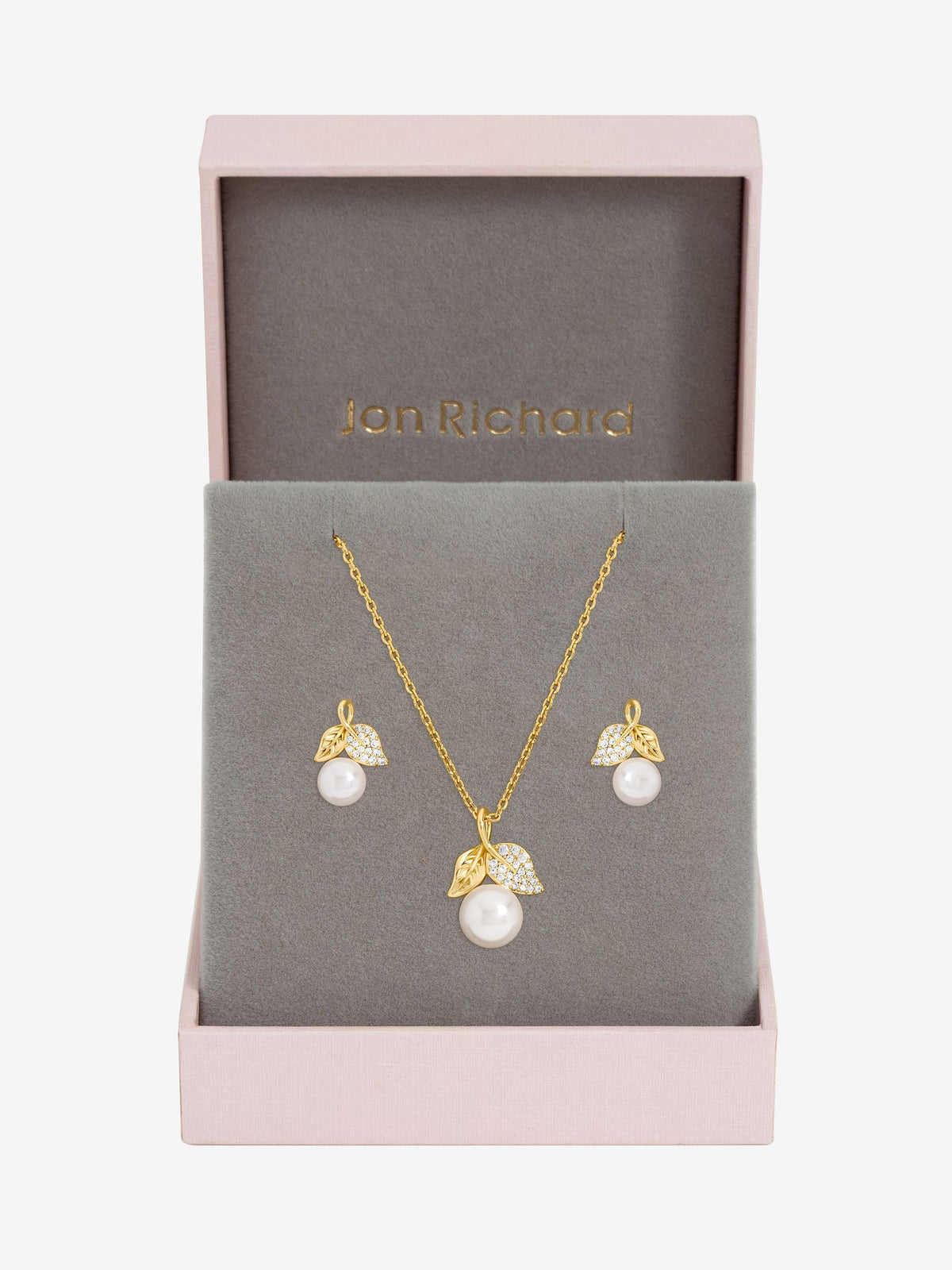 Jon Richard cubic zirconia pearl and leaf necklace set 18 inch chain, UK version