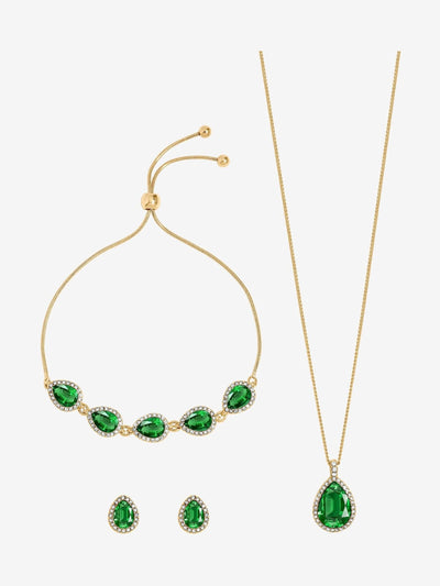 Vergoldetes Smaragd-Ohrring-Set 'Pear Drop Trio' mit 16-Zoll-Kette