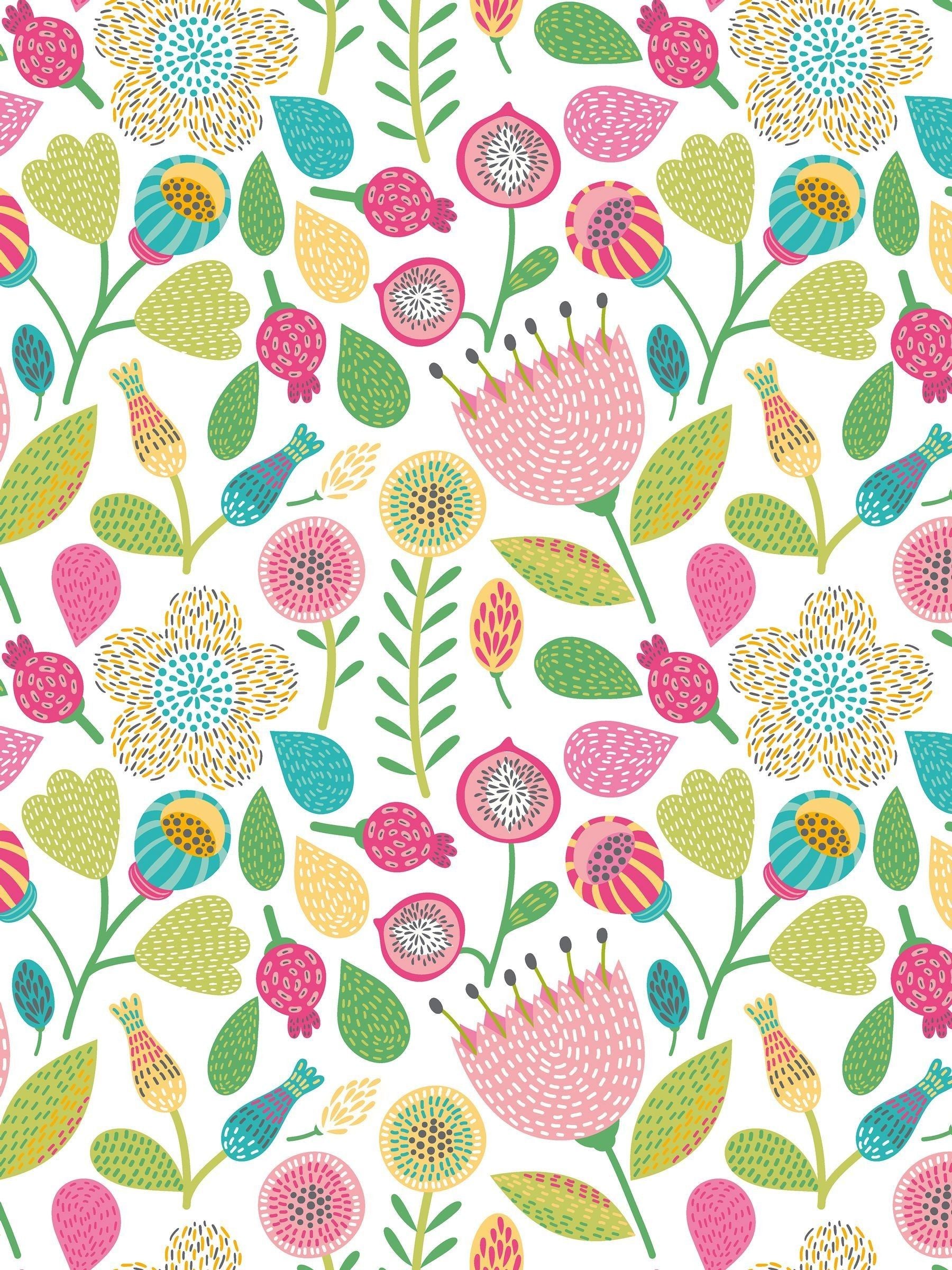 Hoopla Walls pink folk floral print wallpaper 10m roll, imported from the UK