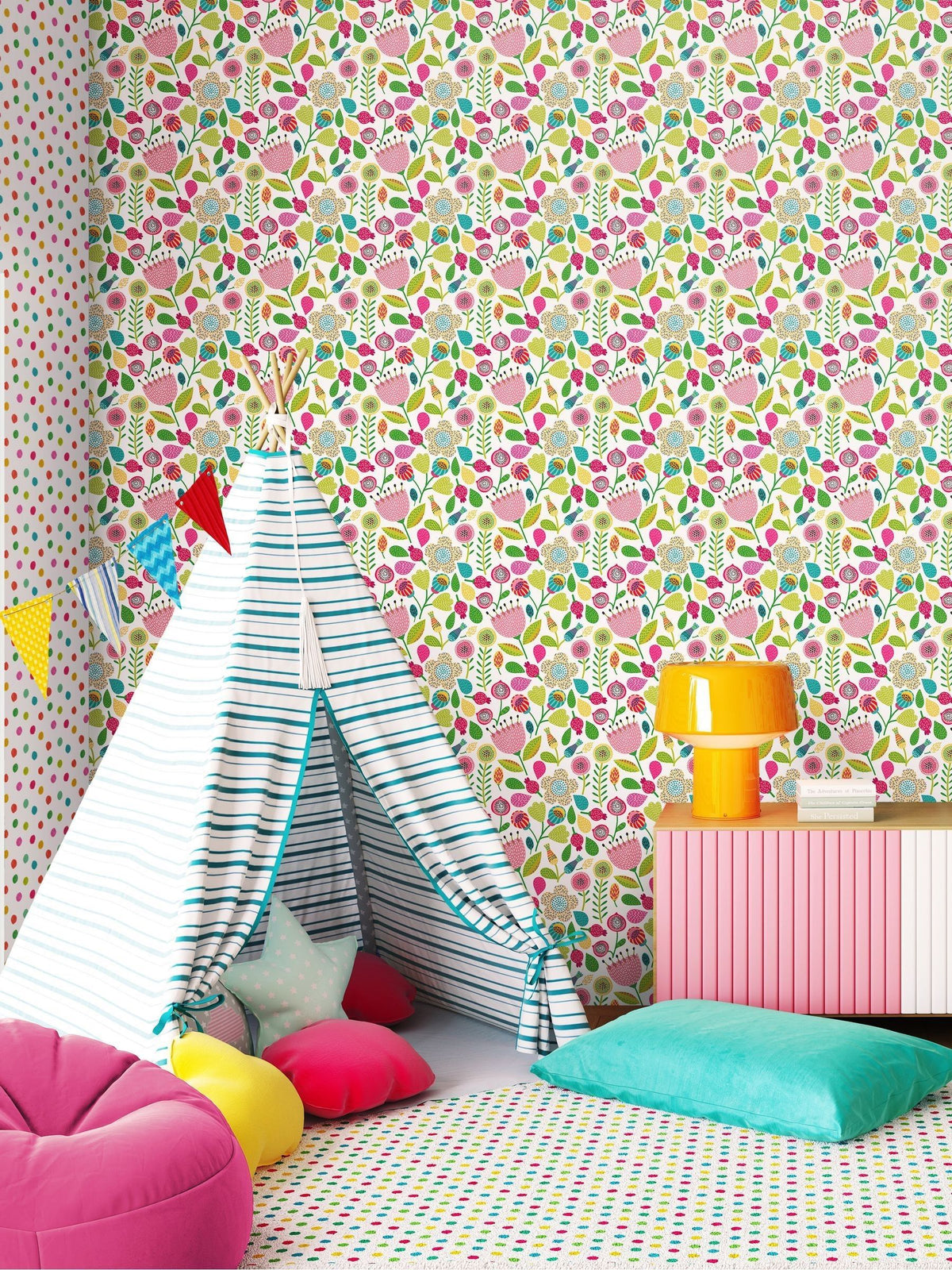 Hoopla Walls pink folk floral print wallpaper 10m roll, imported from the UK