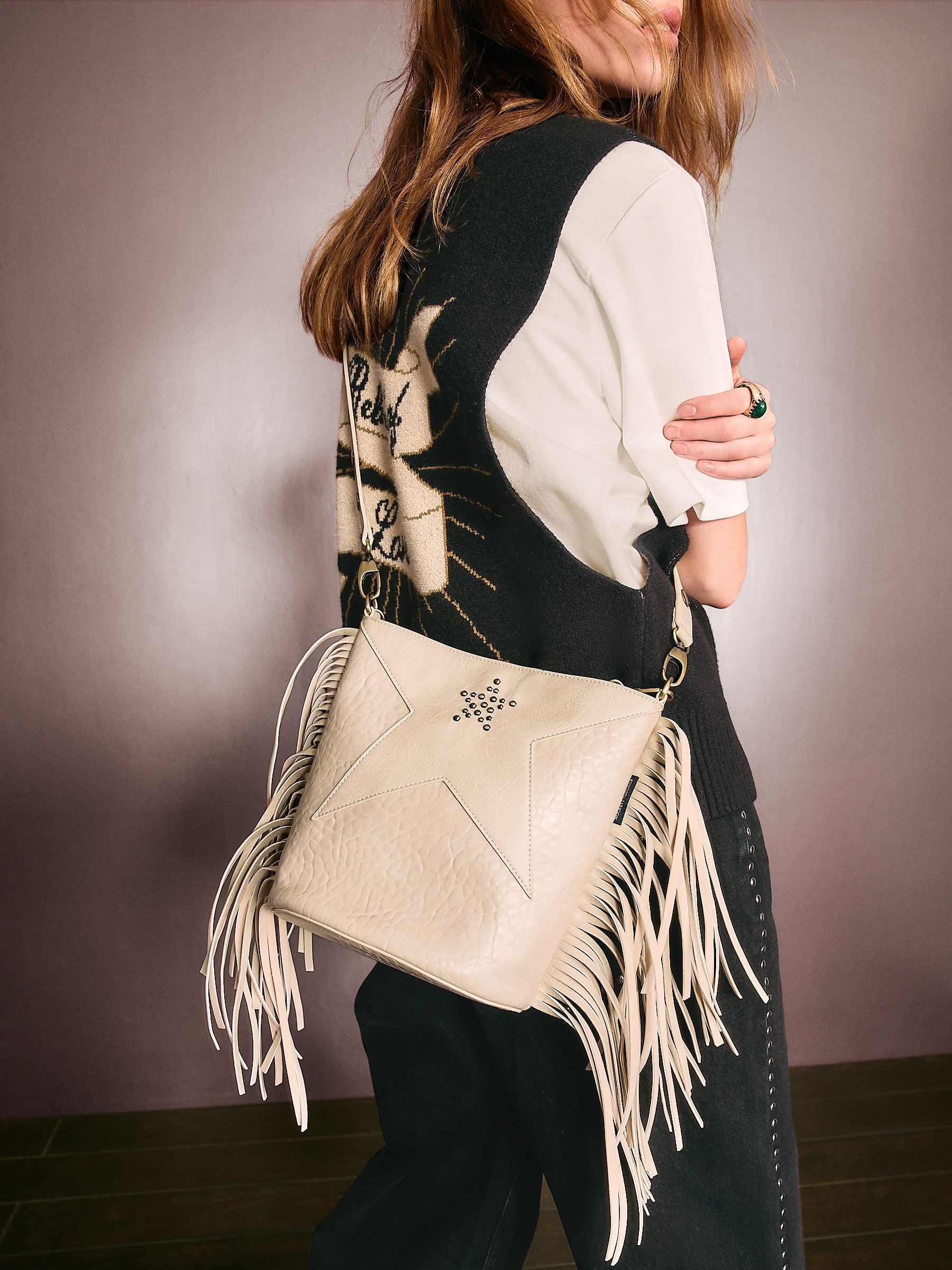 Rockett St George stone star studded tassel PU bucket bag, UK version