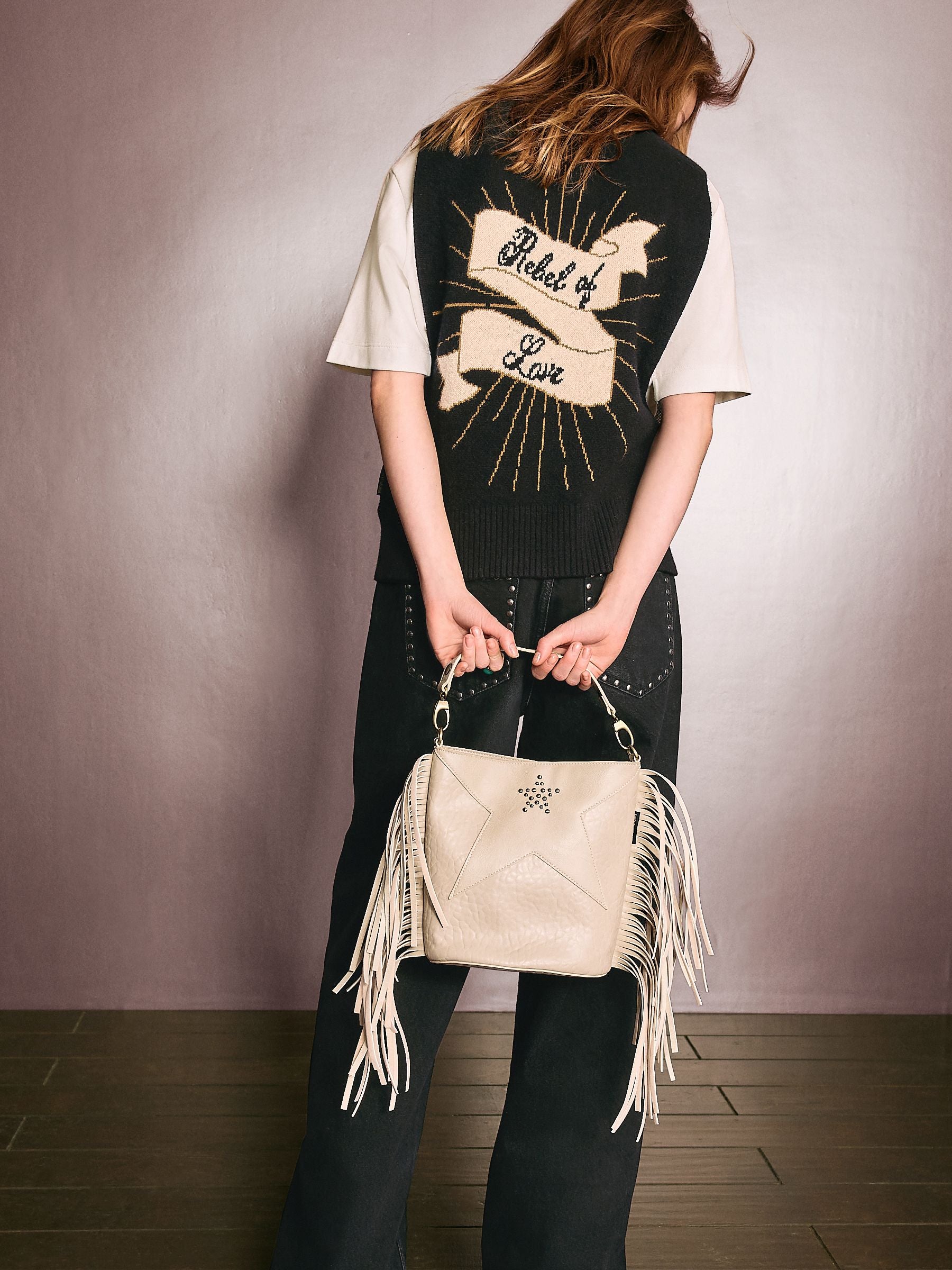 Rockett St George stone star studded tassel PU bucket bag, UK version