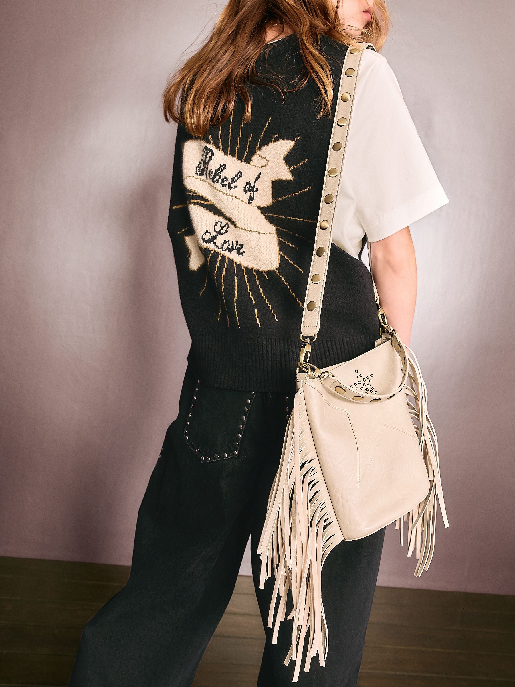 Rockett St George stone star studded tassel PU bucket bag, UK version
