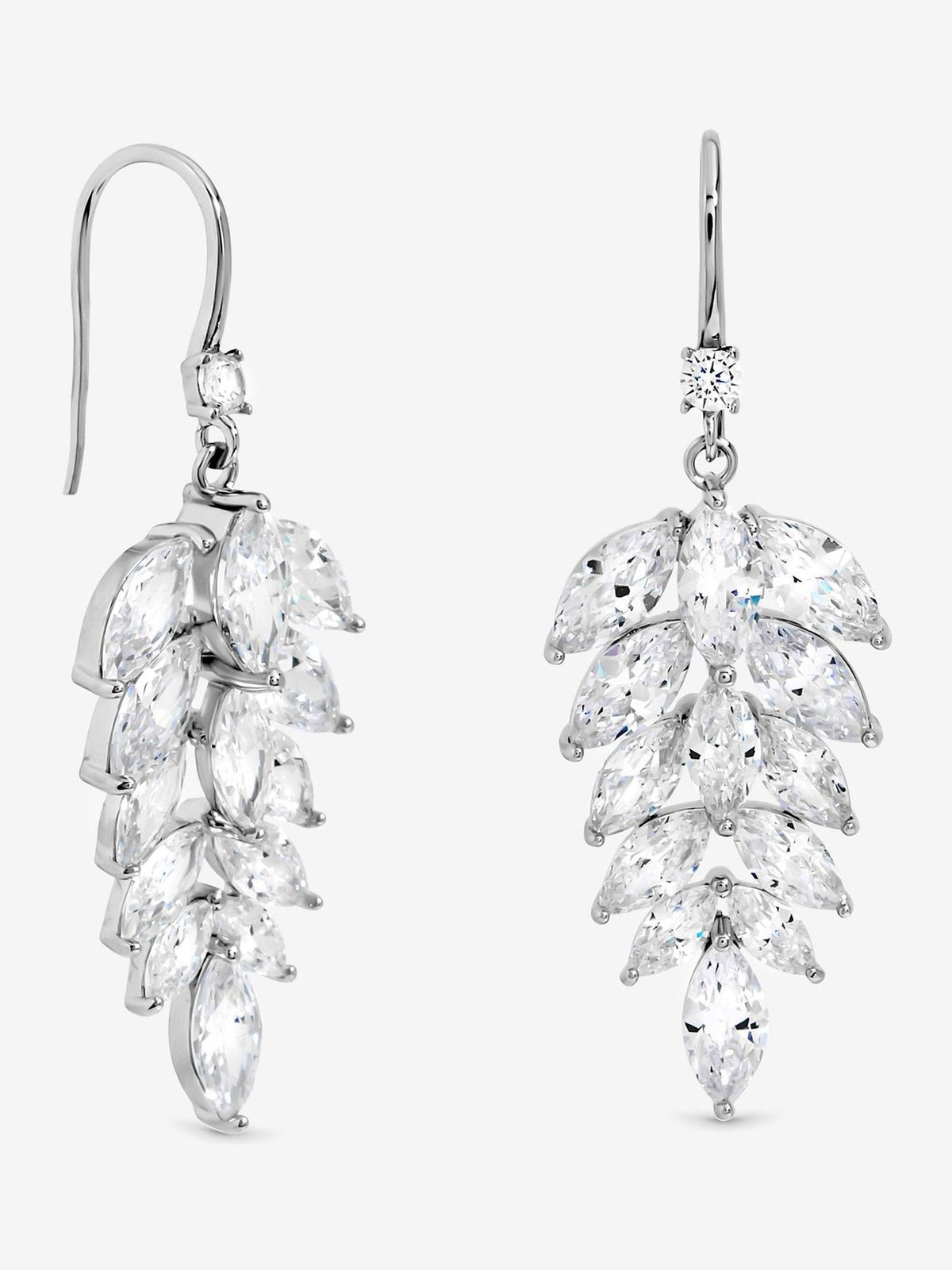 Rhodium Plated Fishhook Leaf Drop Earrings 40mm