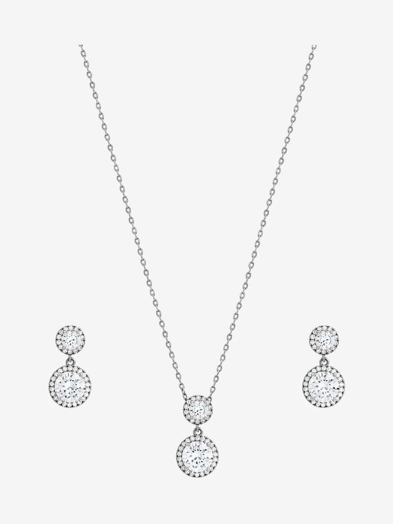 Rhodium Plated and Cubic Zirconia Double Halo Drop Jewellery Set