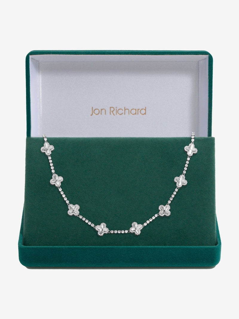 Jon Richard rhodium plated clover necklace with pave crystals, UK version