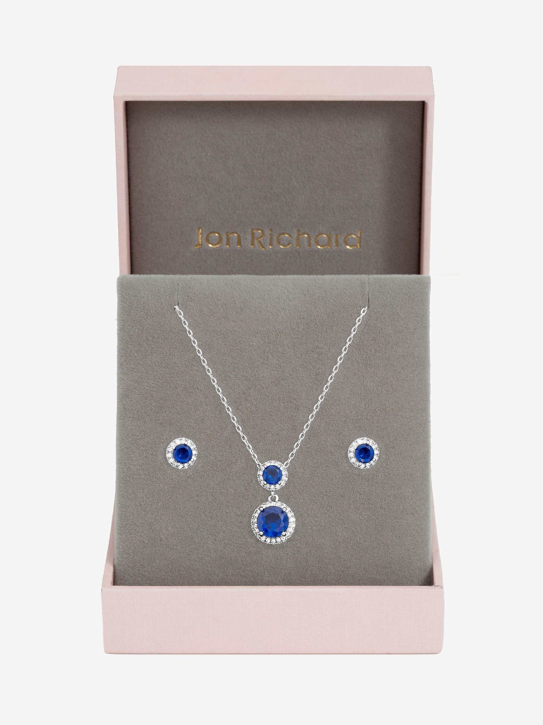 Rhodium Plated Cubic Zirconia Double Halo Sapphire Drop Earring Set with Gift Box