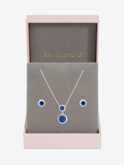 Next Rhodium Plated Cubic Zirconia Double Halo Sapphire Drop Earring Set with Gift Box- Buy online at McGrocer