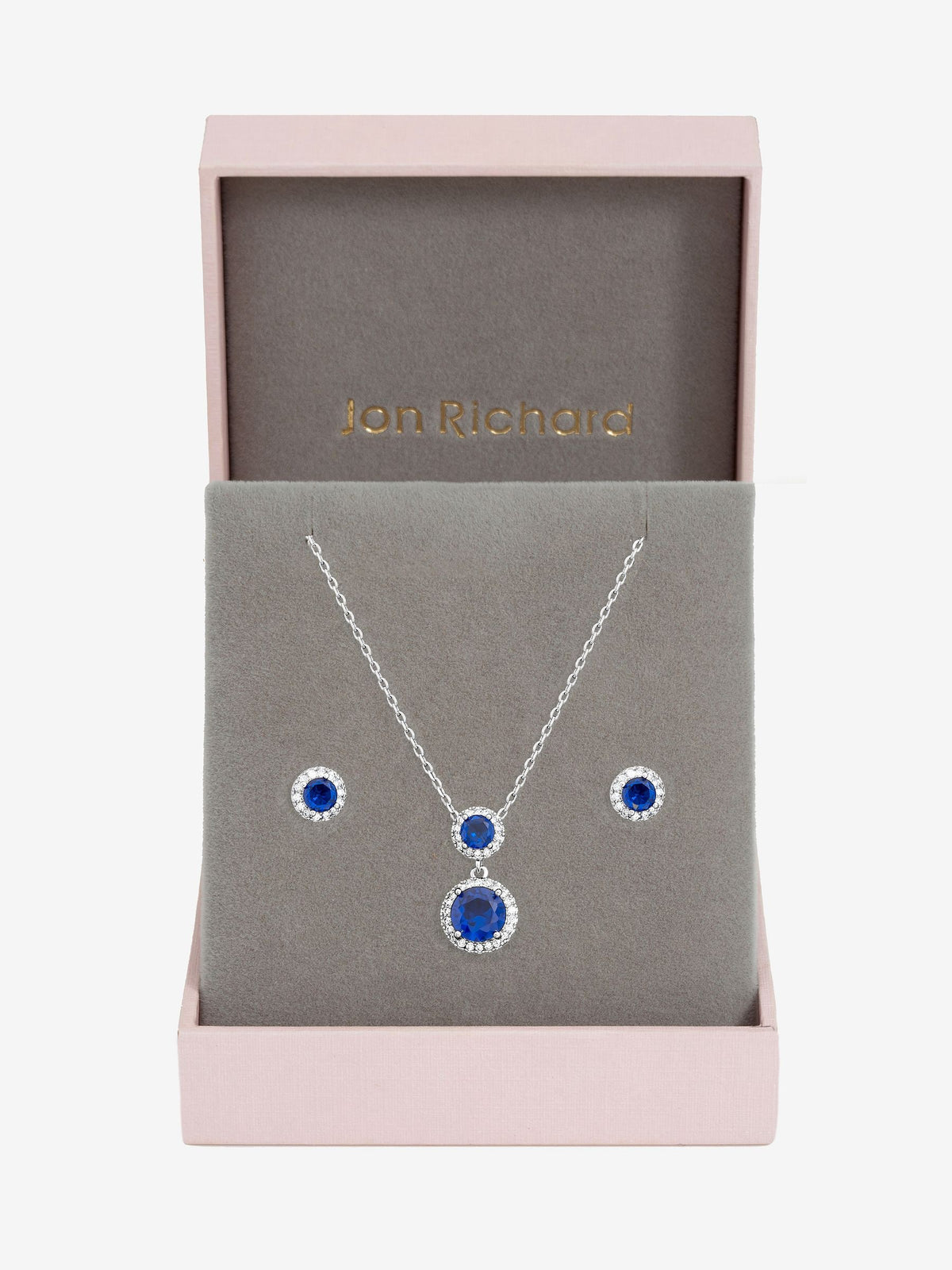 Rhodium Plated Cubic Zirconia Double Halo Sapphire Drop Earring Set with Gift Box
