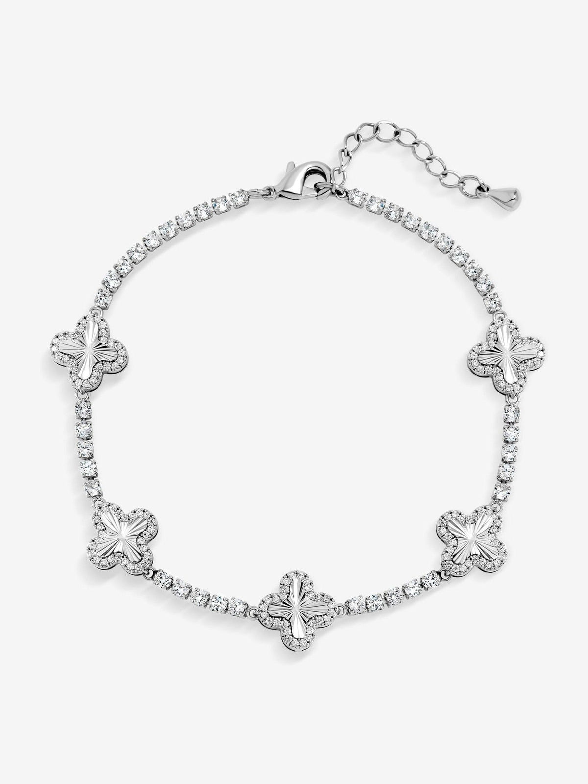 Jon Richard Silver Rhodium Plated Diamond Station Clover Bracelet 190.5mm, UK version