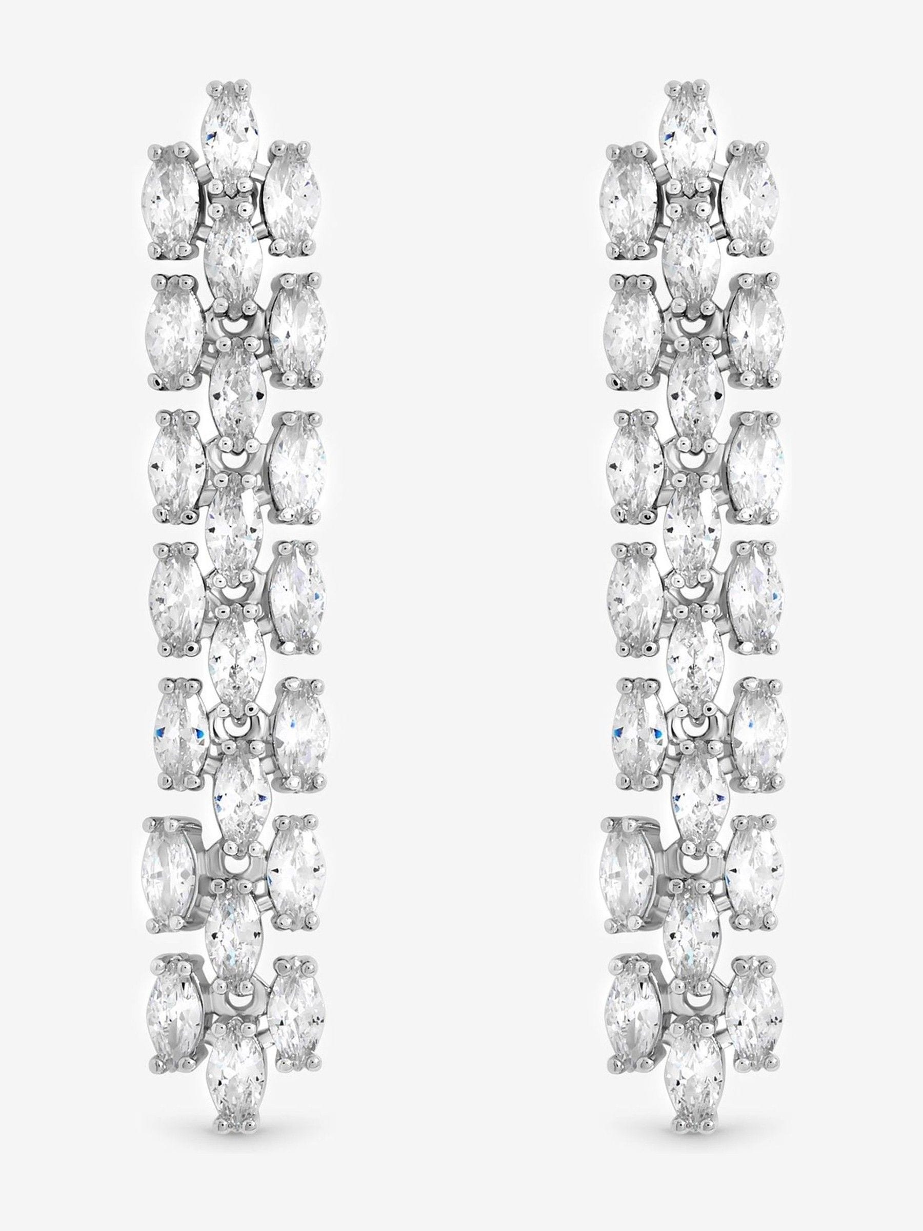 Rhodium Plated Cubic Zirconia Navette Drop Earrings 45mm