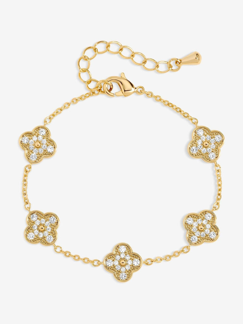 Gold Plated Pave Clover Bracelet with Lobster Clasp and Extender Chain