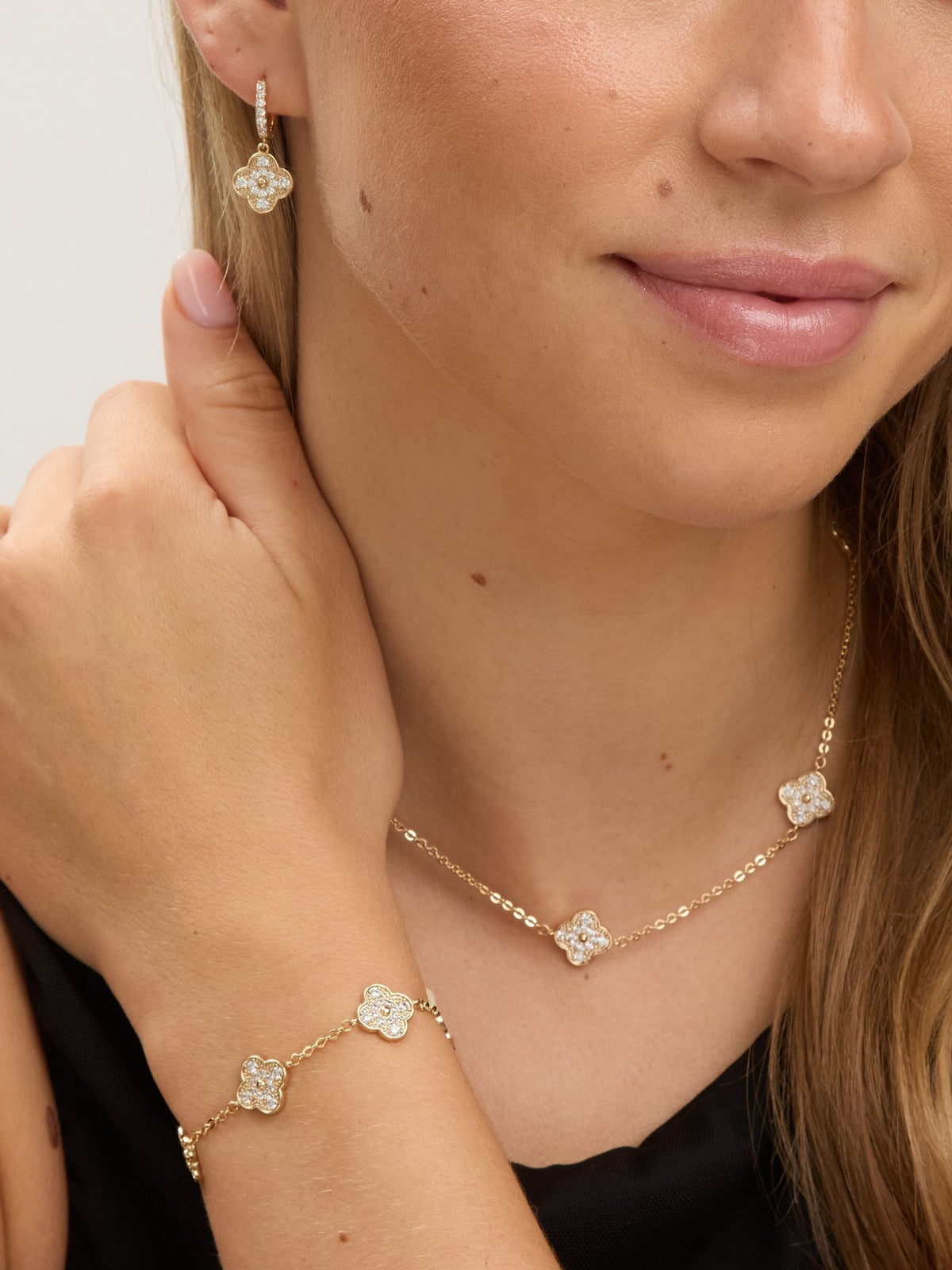 Gold Plated Pave Clover Bracelet with Lobster Clasp and Extender Chain